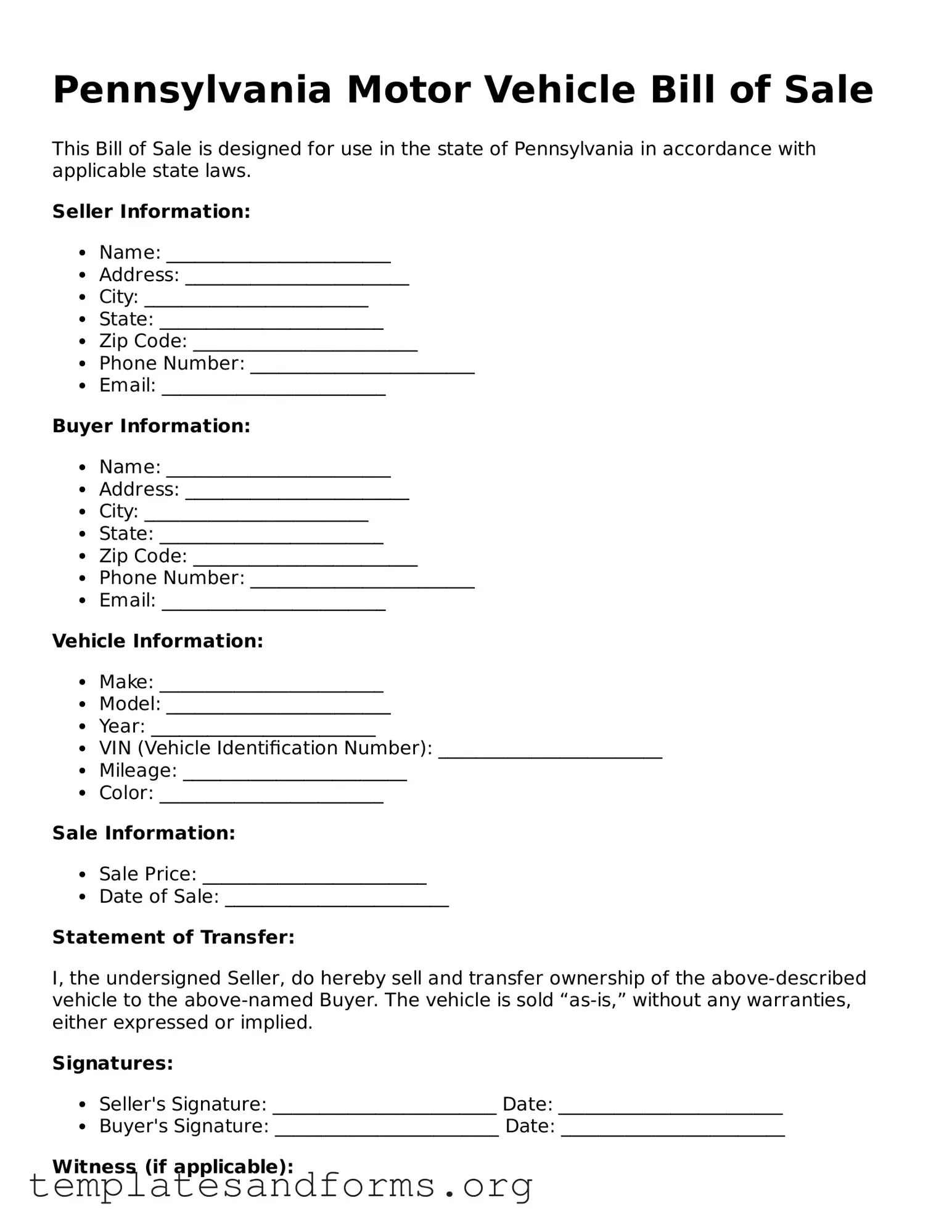 Free Motor Vehicle Bill of Sale Form for the State of Pennsylvania