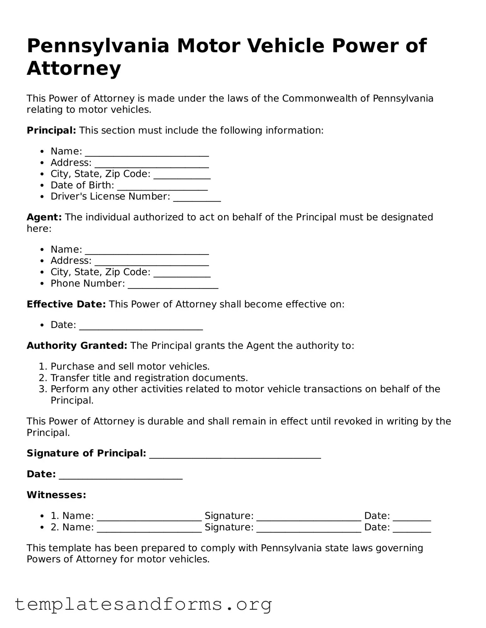 Free Motor Vehicle Power of Attorney Form for the State of Pennsylvania