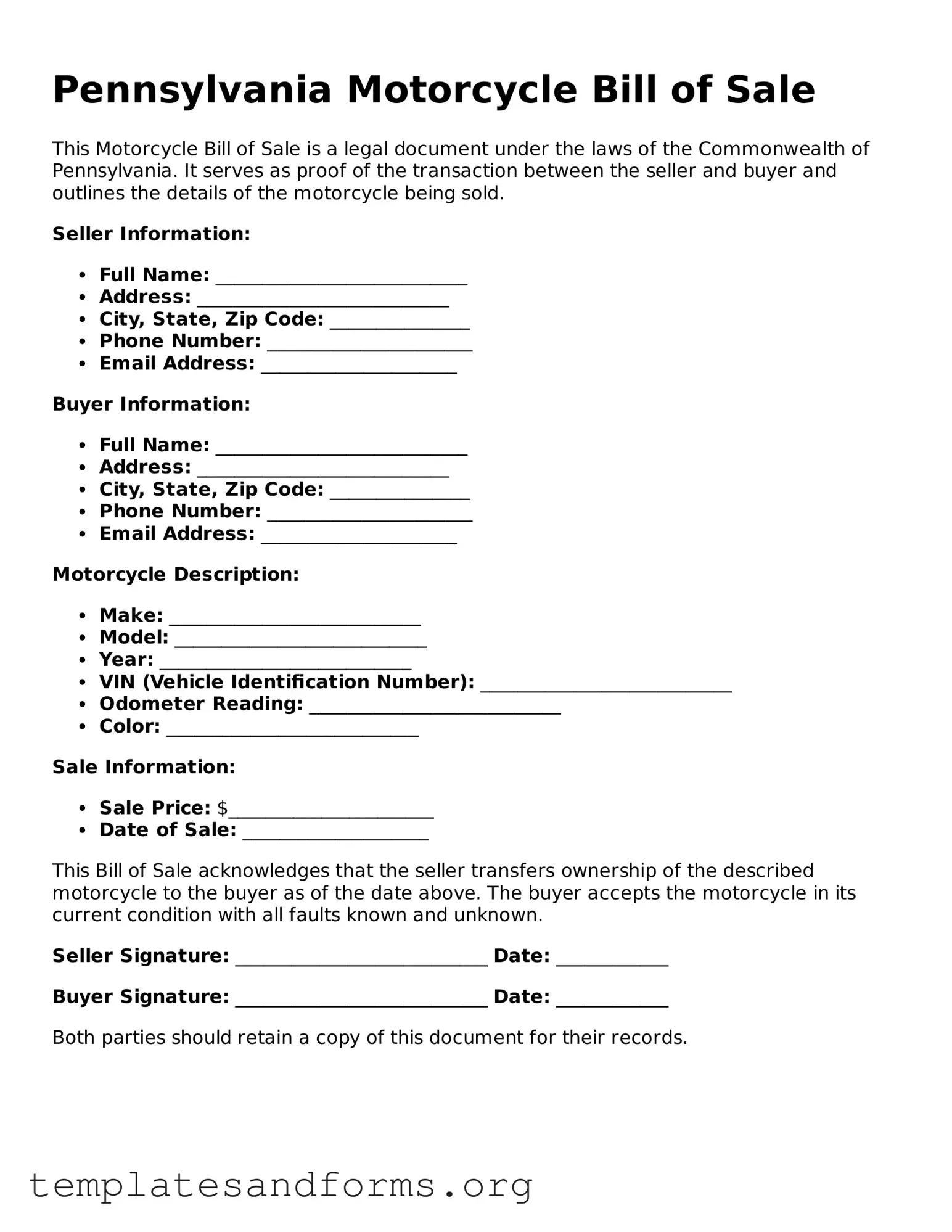 Free Motorcycle Bill of Sale Form for the State of Pennsylvania