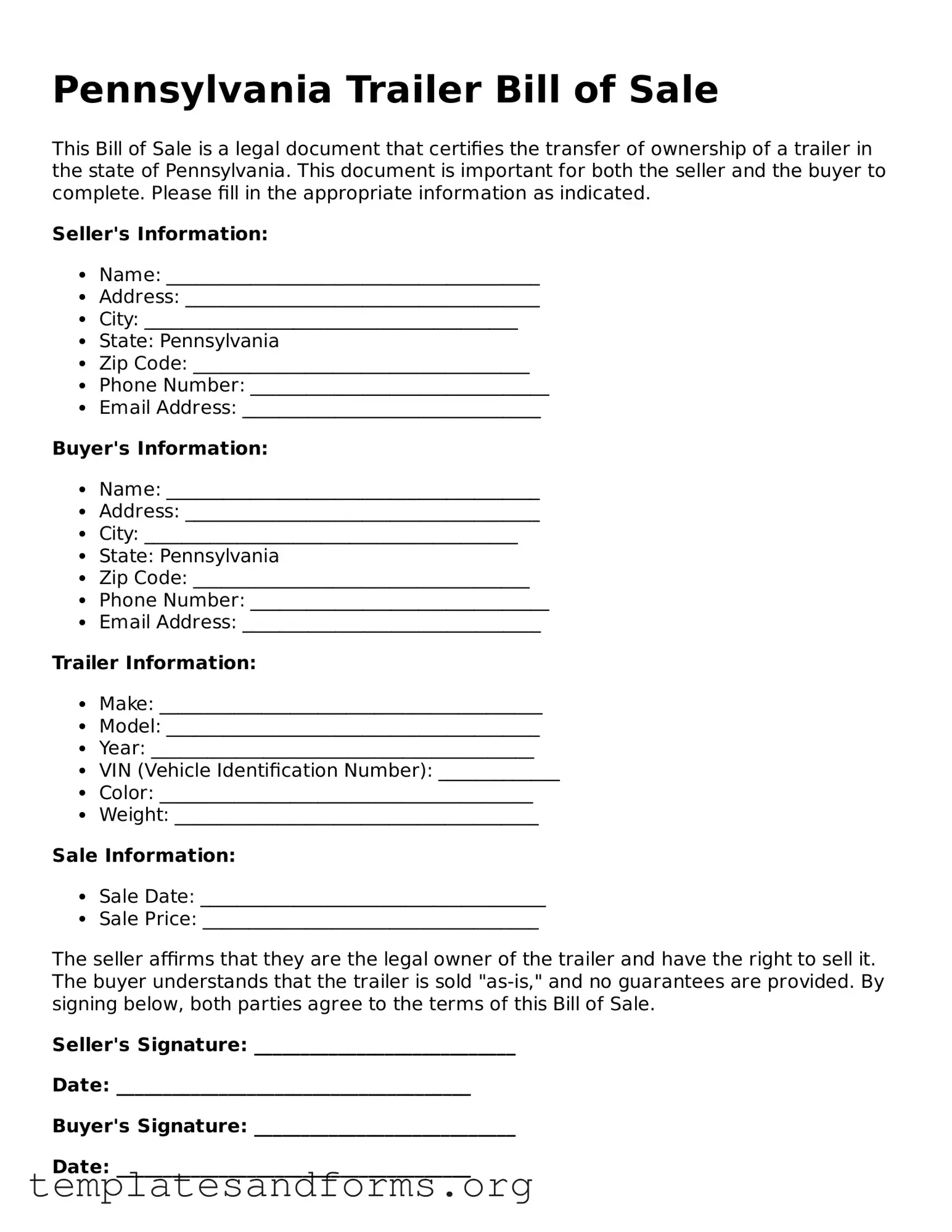 Free Trailer Bill of Sale Form for the State of Pennsylvania