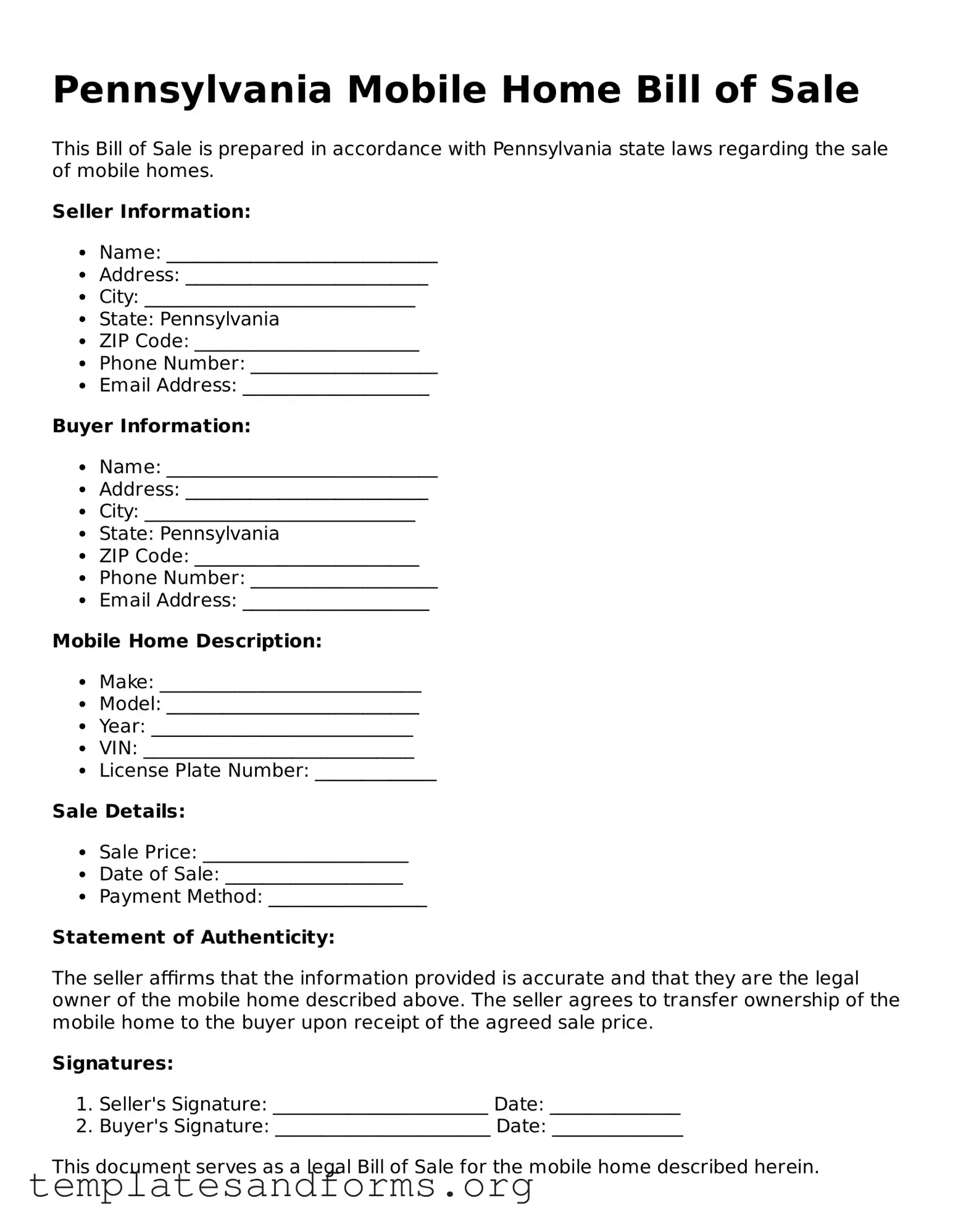 Free Mobile Home Bill of Sale Form for the State of Pennsylvania