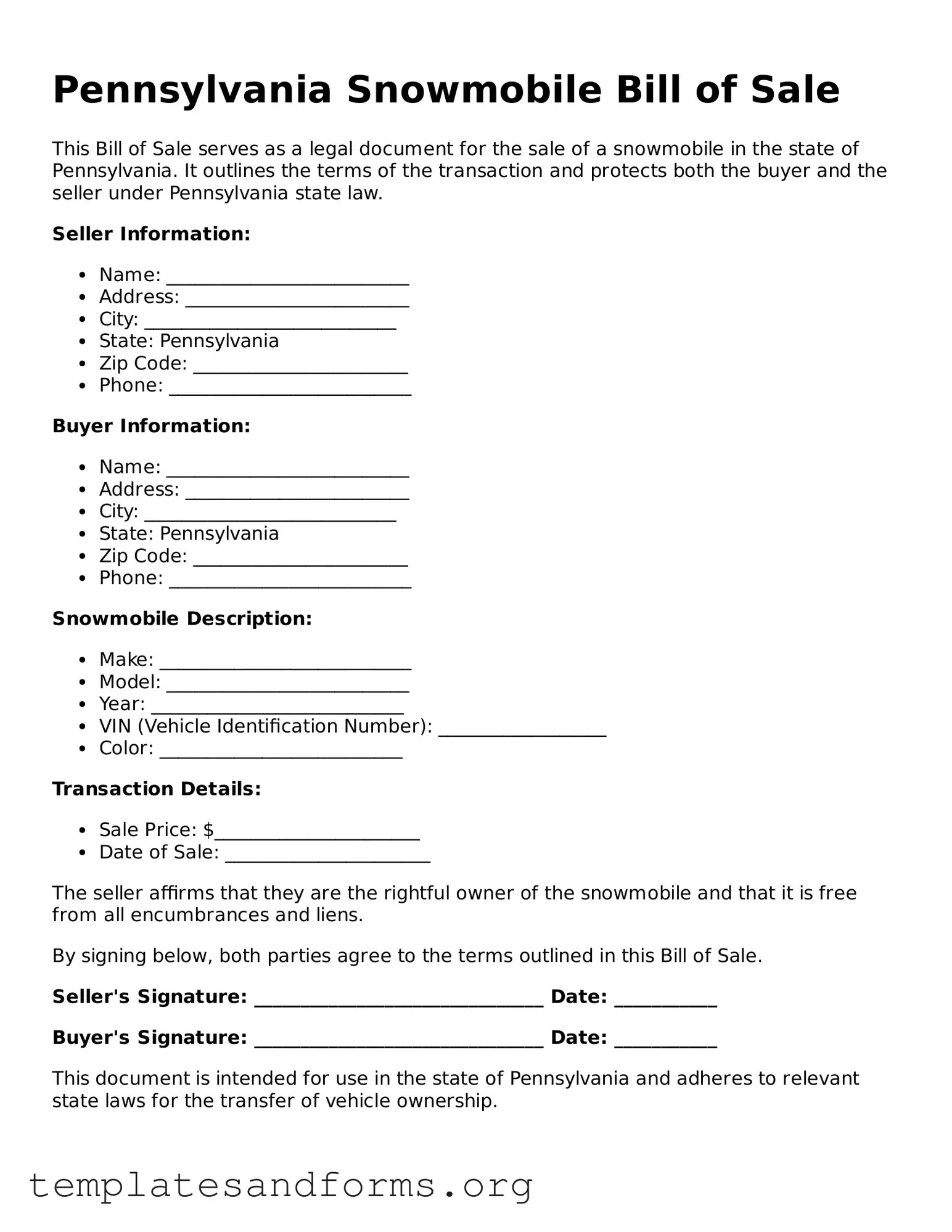Free Snowmobile Bill of Sale Form for the State of Pennsylvania