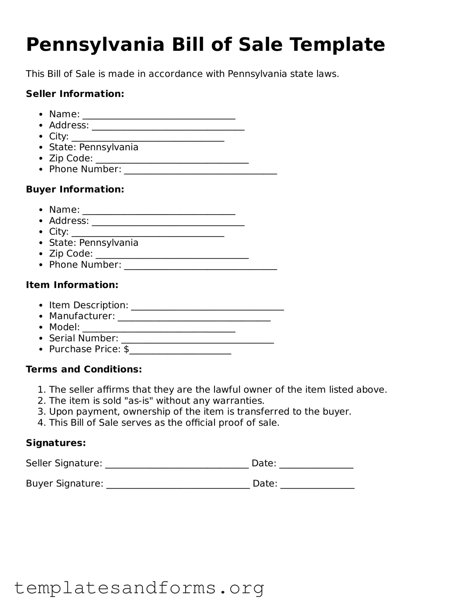 Free Bill of Sale Form for the State of Pennsylvania