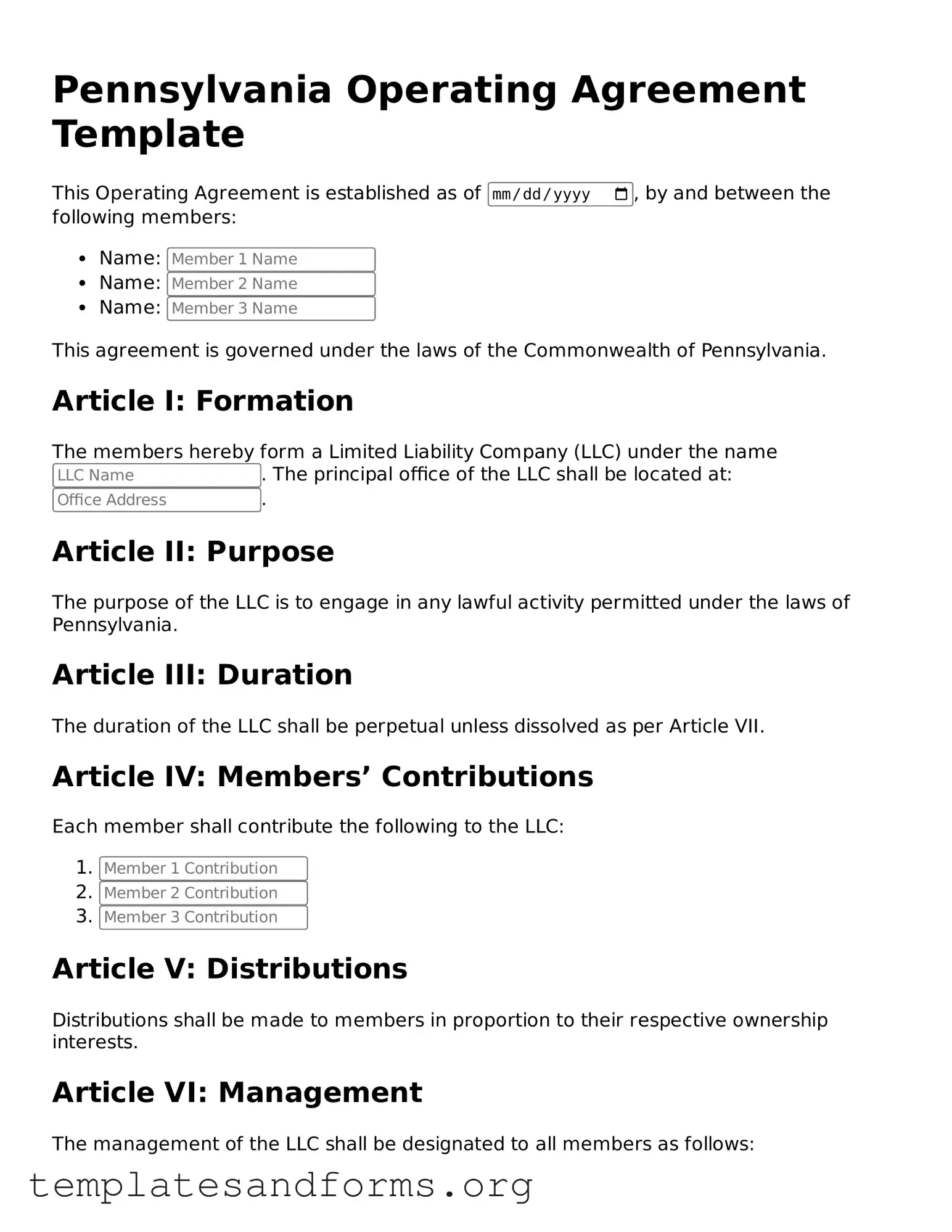 Free Operating Agreement Form for the State of Pennsylvania
