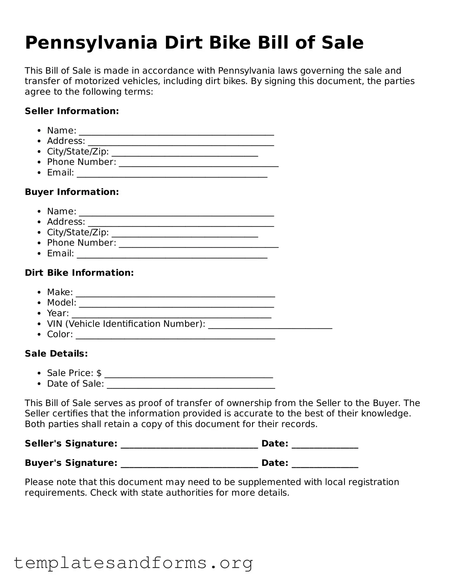 Free Dirt Bike Bill of Sale Form for the State of Pennsylvania