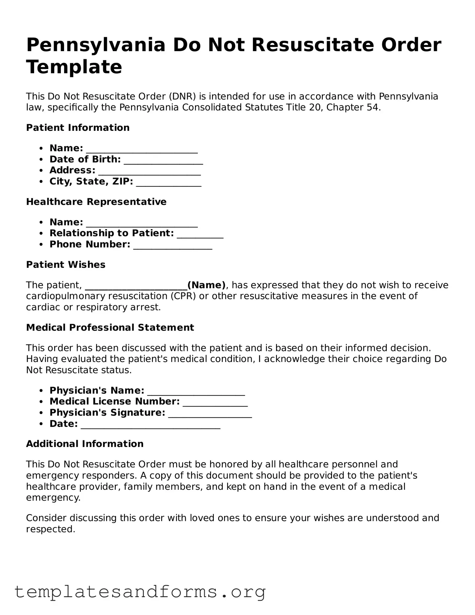 Free Do Not Resuscitate Order Form for the State of Pennsylvania