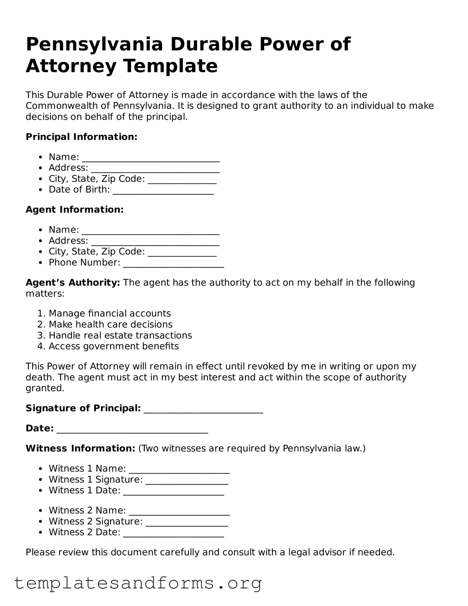 Free Durable Power of Attorney Form for the State of Pennsylvania