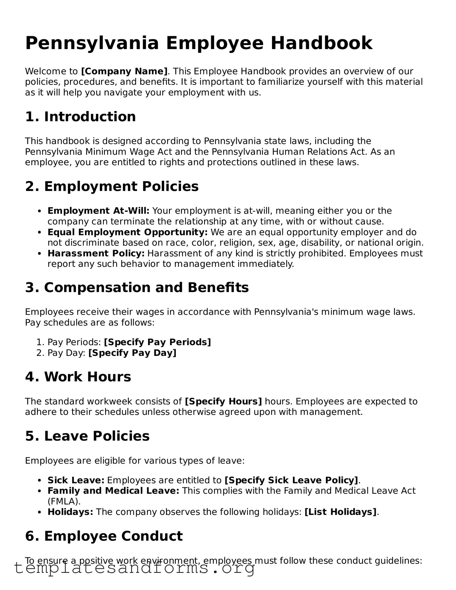 Free Employee Handbook Form for the State of Pennsylvania