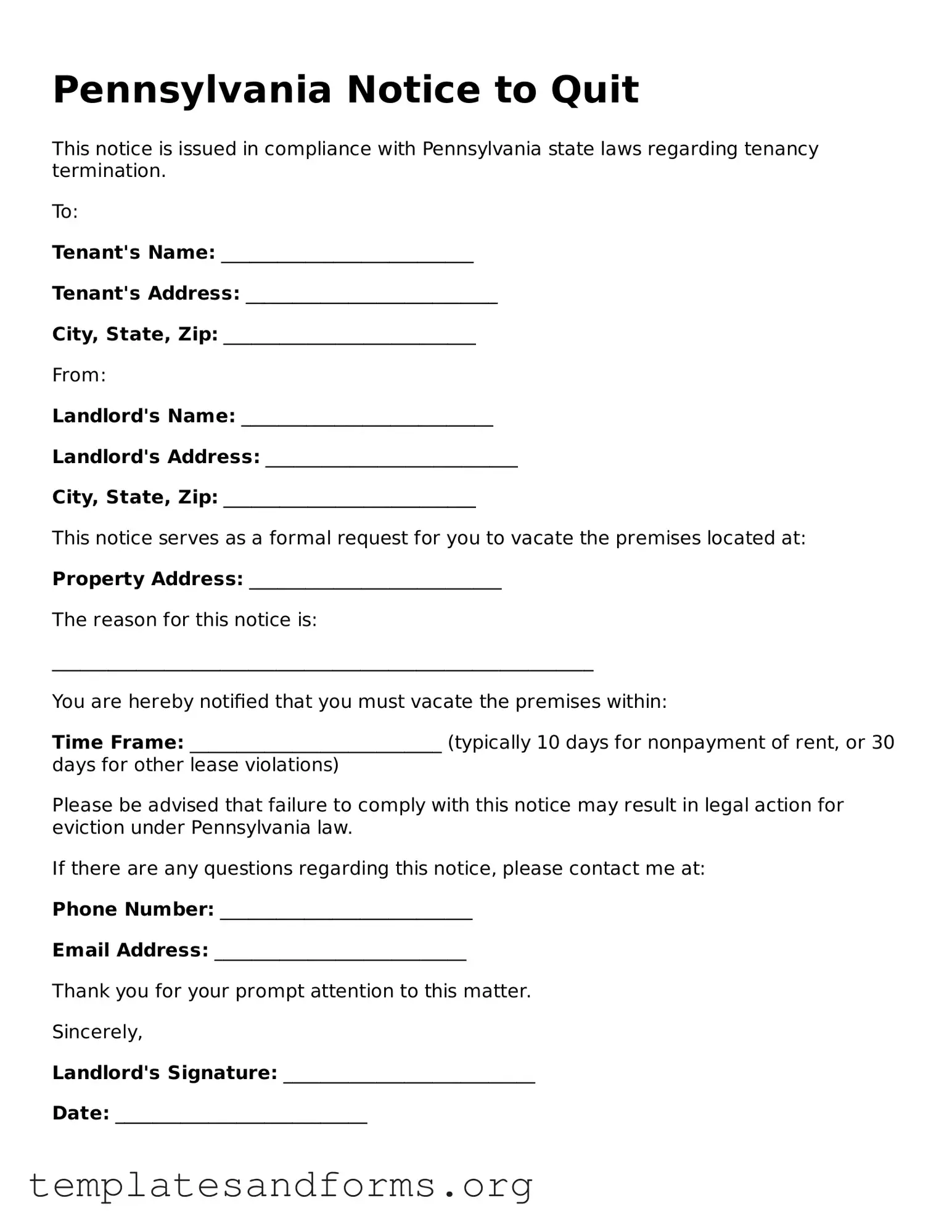 Free Notice to Quit Form for the State of Pennsylvania