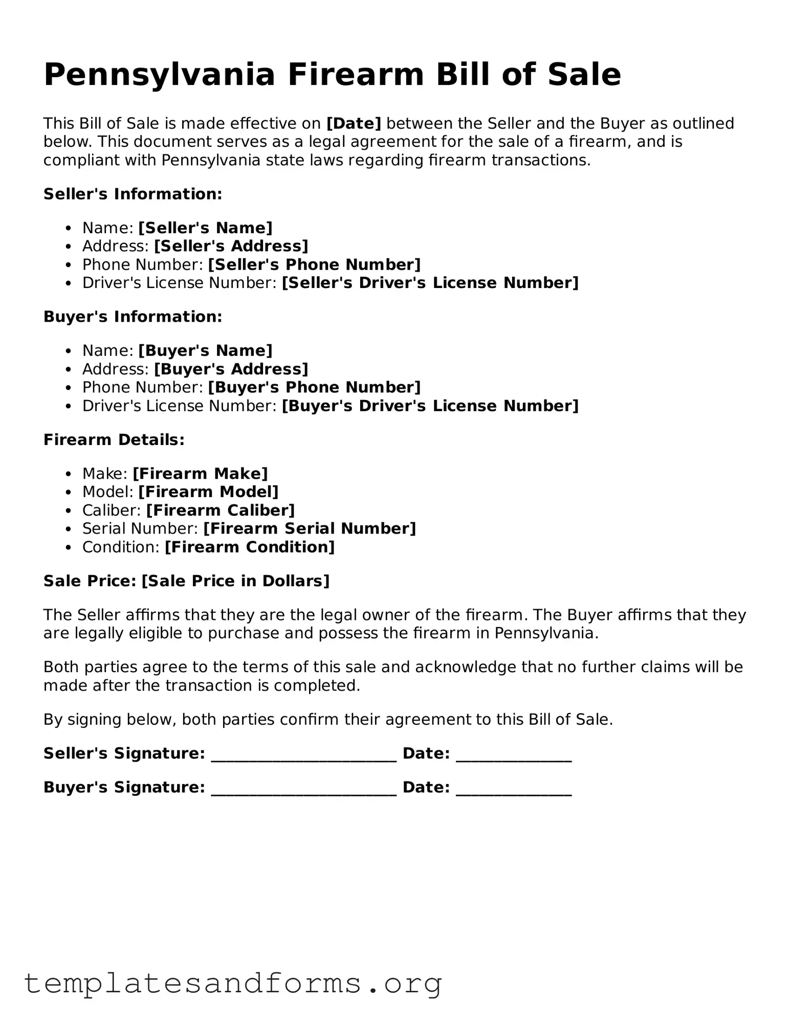 Free Firearm Bill of Sale Form for the State of Pennsylvania