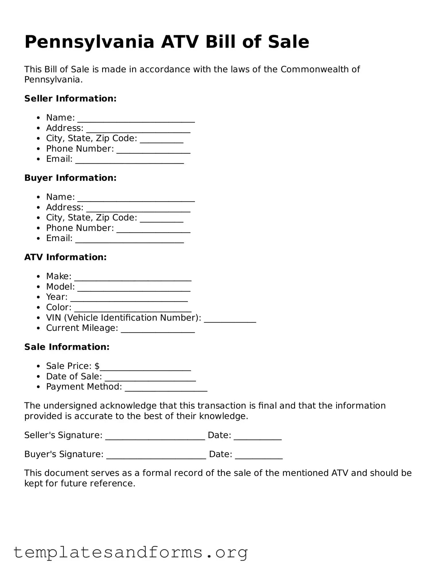 Free ATV Bill of Sale Form for the State of Pennsylvania