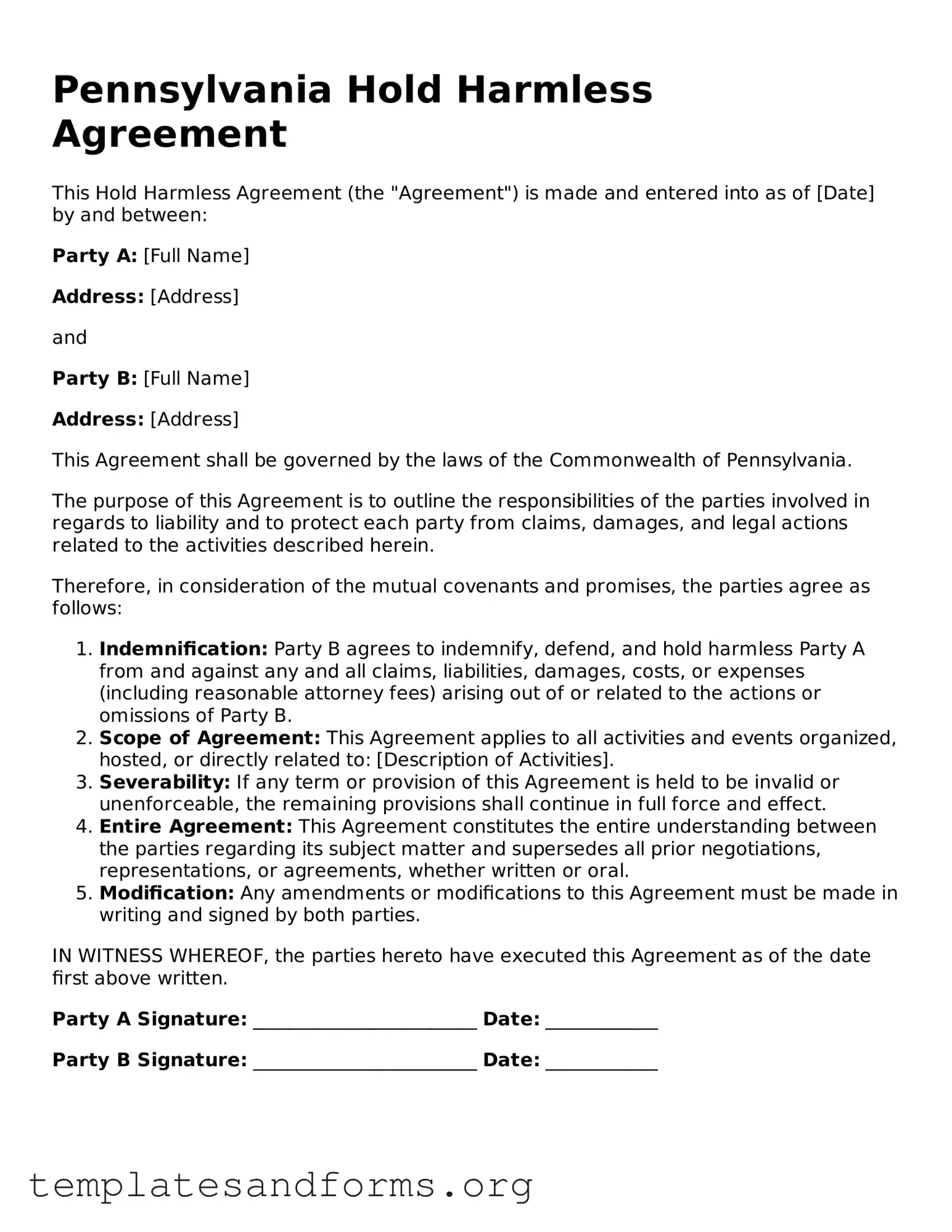 Free Hold Harmless Agreement Form for the State of Pennsylvania