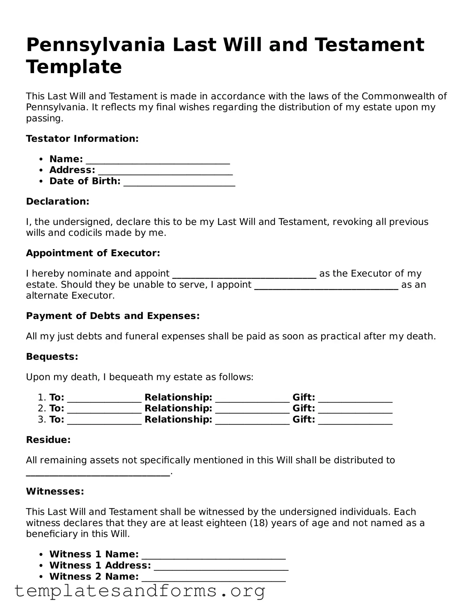 Free Last Will and Testament Form for the State of Pennsylvania