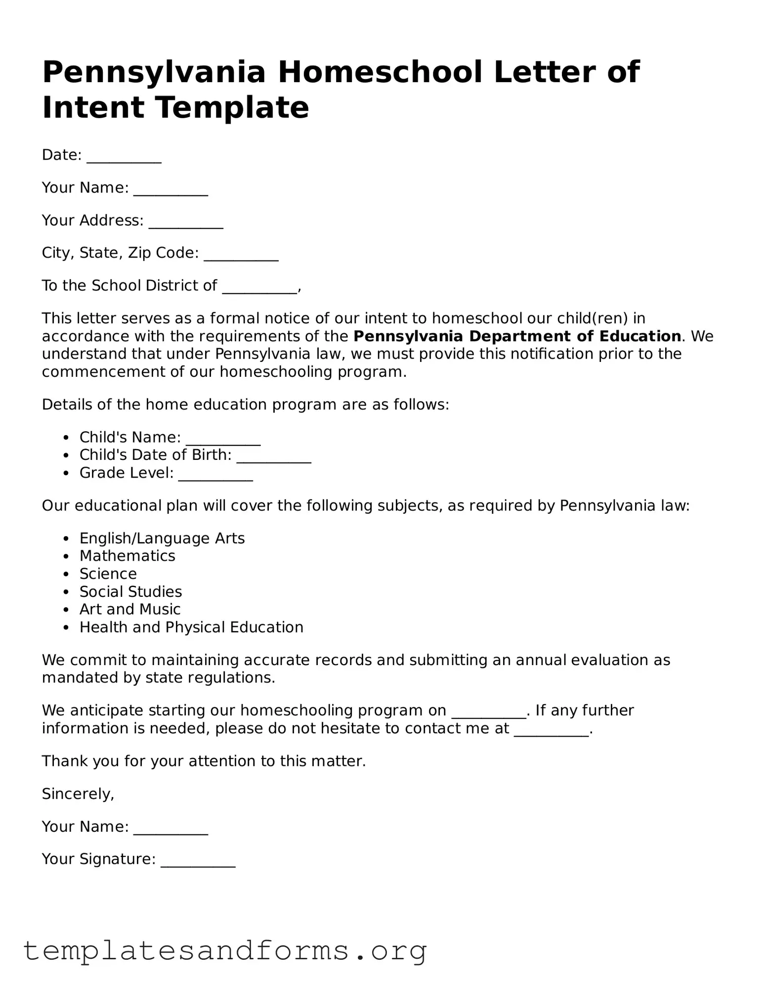Free Homeschool Letter of Intent Form for the State of Pennsylvania