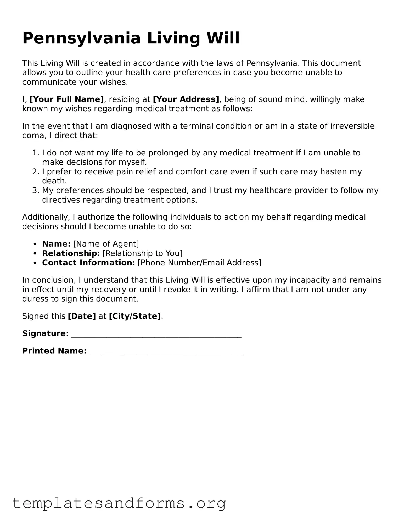 Free Living Will Form for the State of Pennsylvania