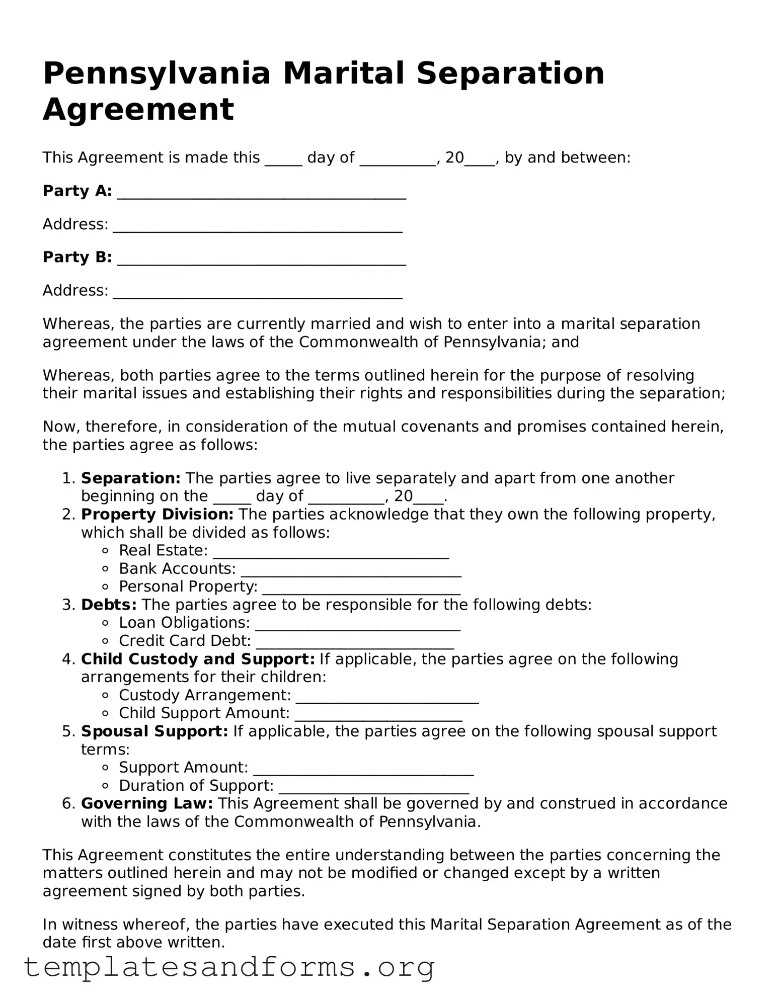 Free Marital Separation Agreement Form for the State of Pennsylvania