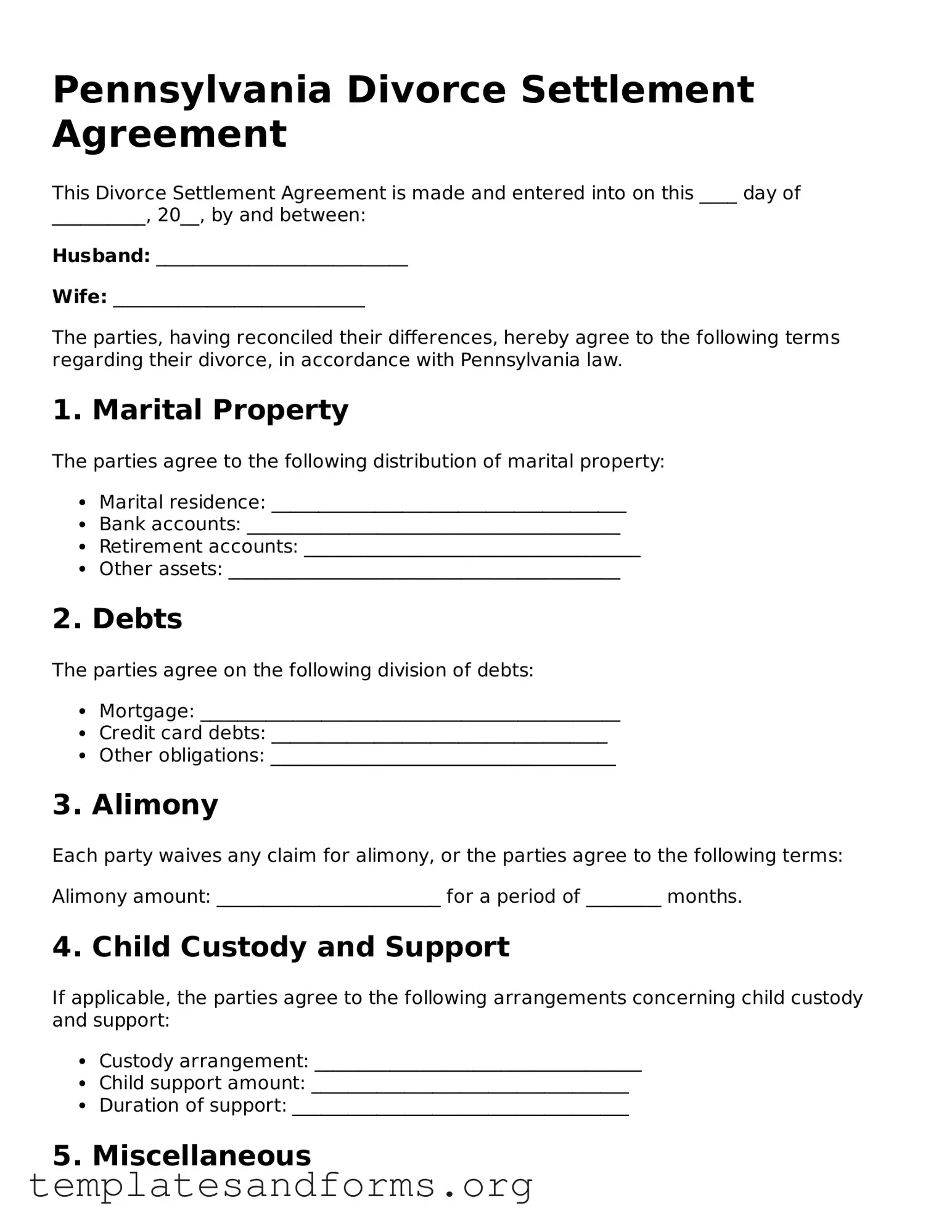 Free Divorce Settlement Agreement Form for the State of Pennsylvania