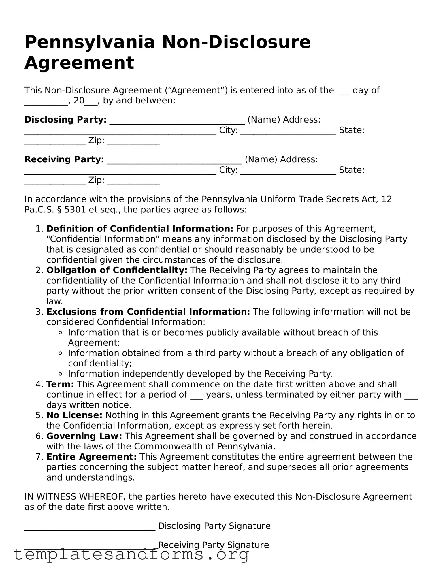 Free Non-disclosure Agreement Form for the State of Pennsylvania