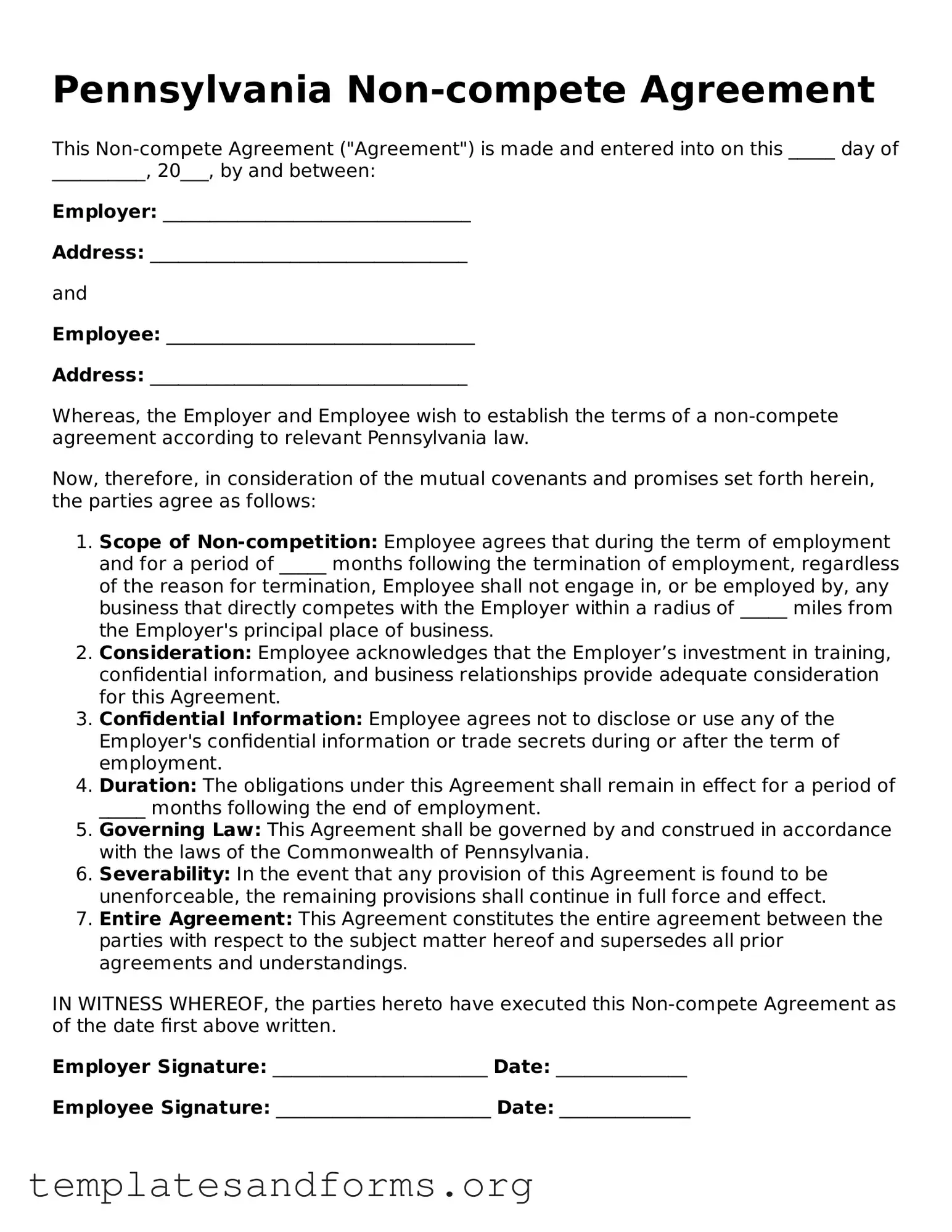 Free Non-compete Agreement Form for the State of Pennsylvania
