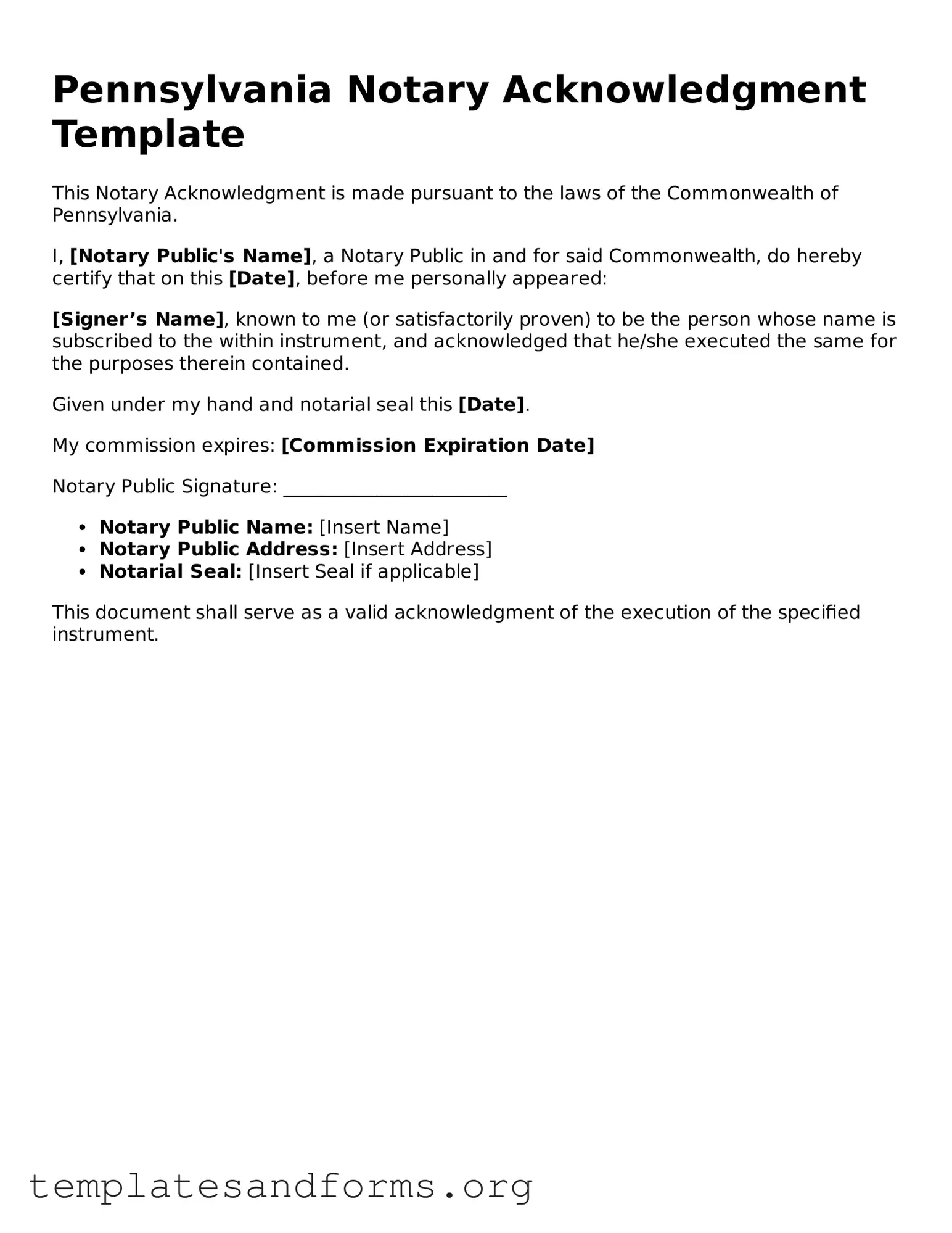 Free Notary Acknowledgement Form for the State of Pennsylvania