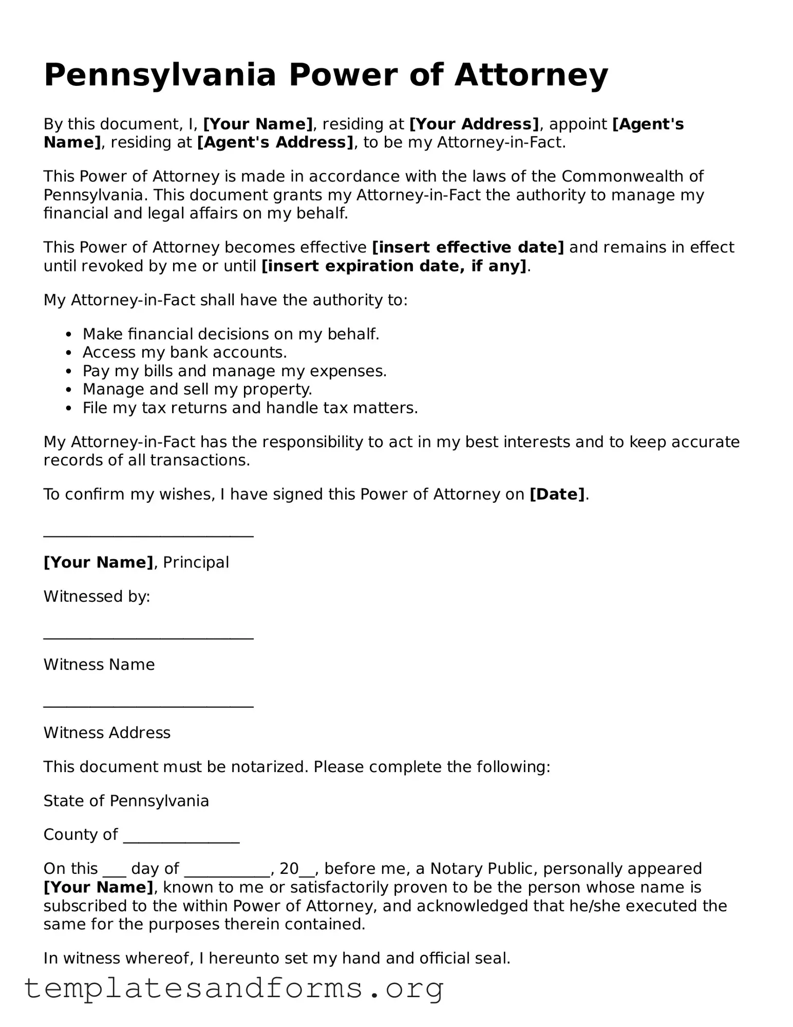 Free Power of Attorney Form for the State of Pennsylvania