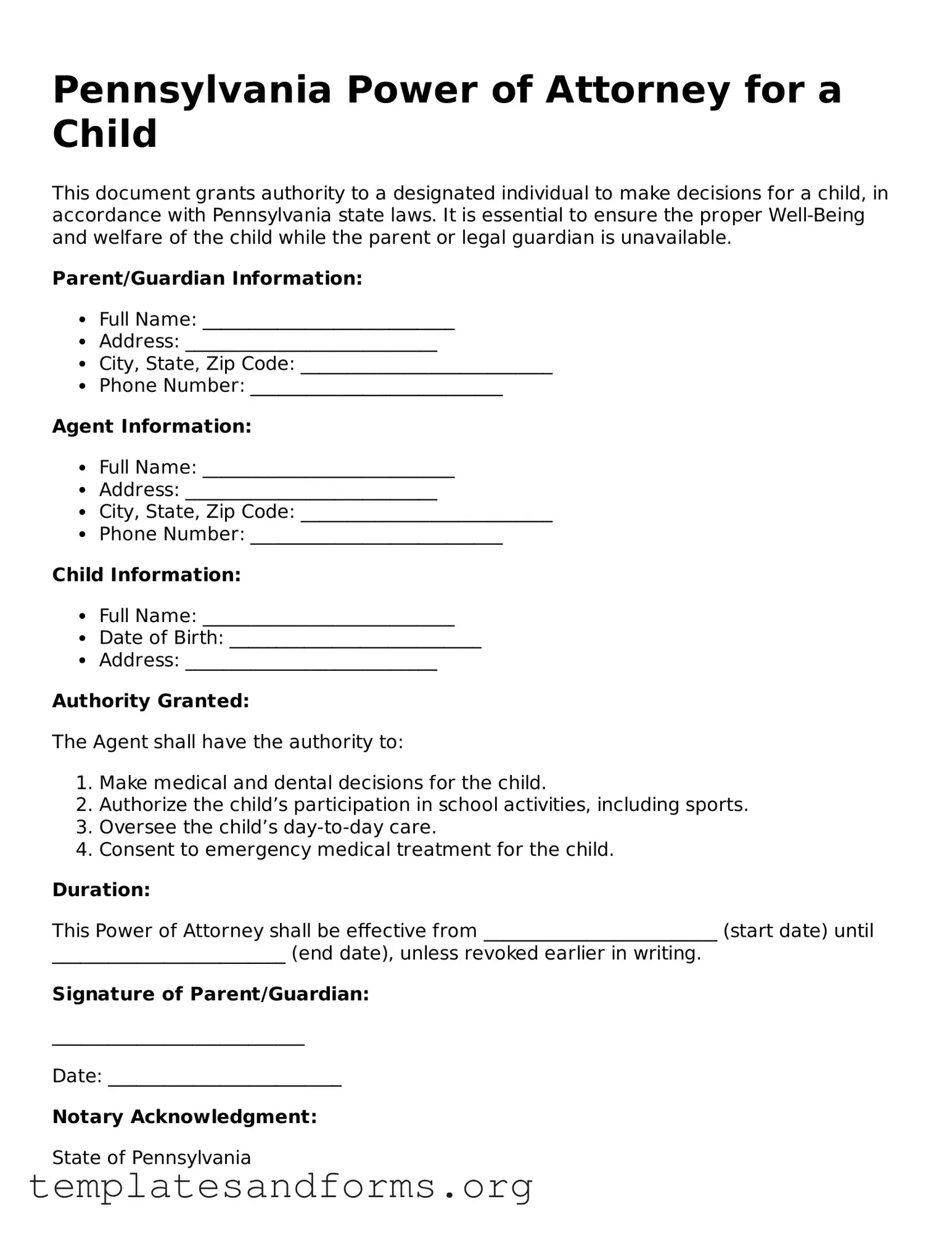Free Power of Attorney for a Child Form for the State of Pennsylvania