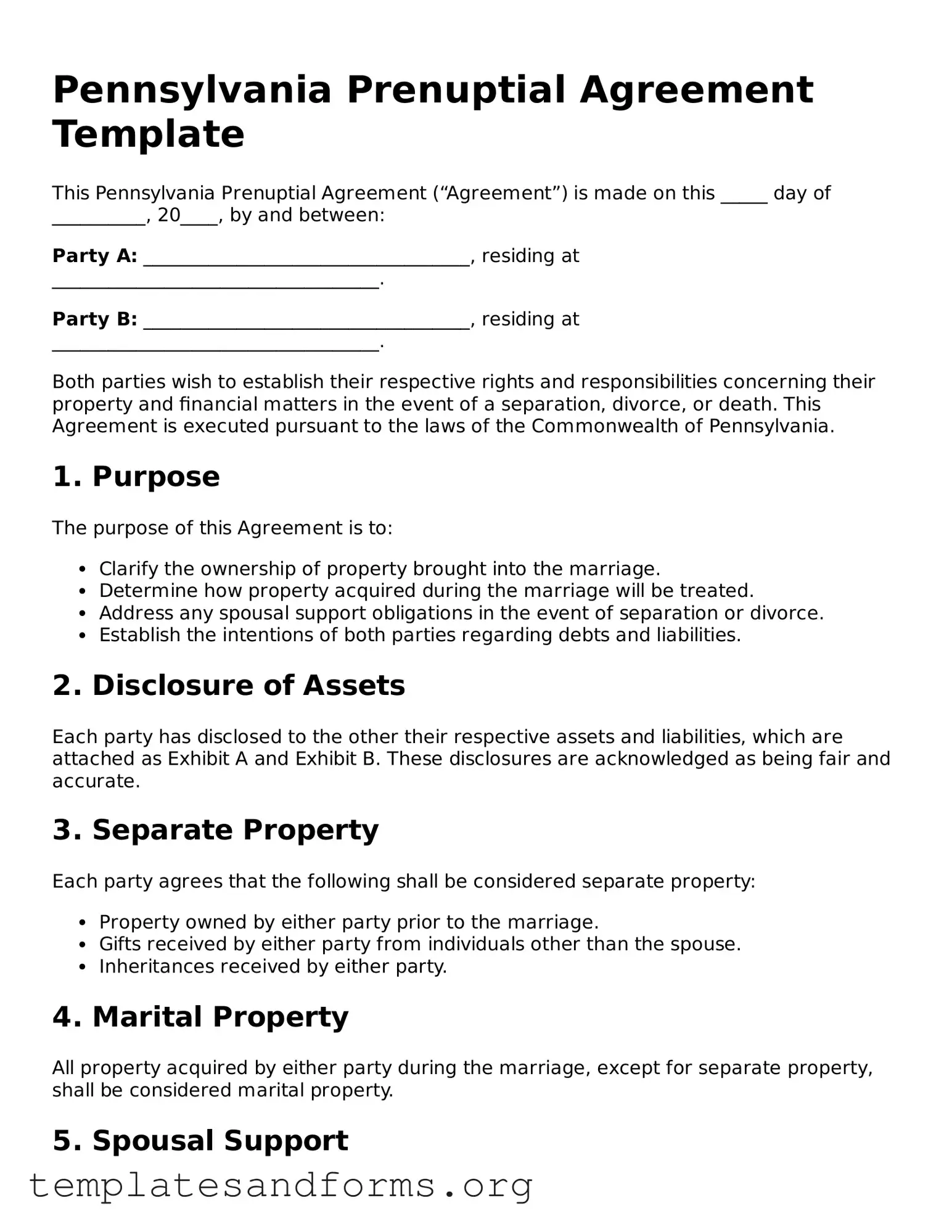 Free Prenuptial Agreement Form for the State of Pennsylvania