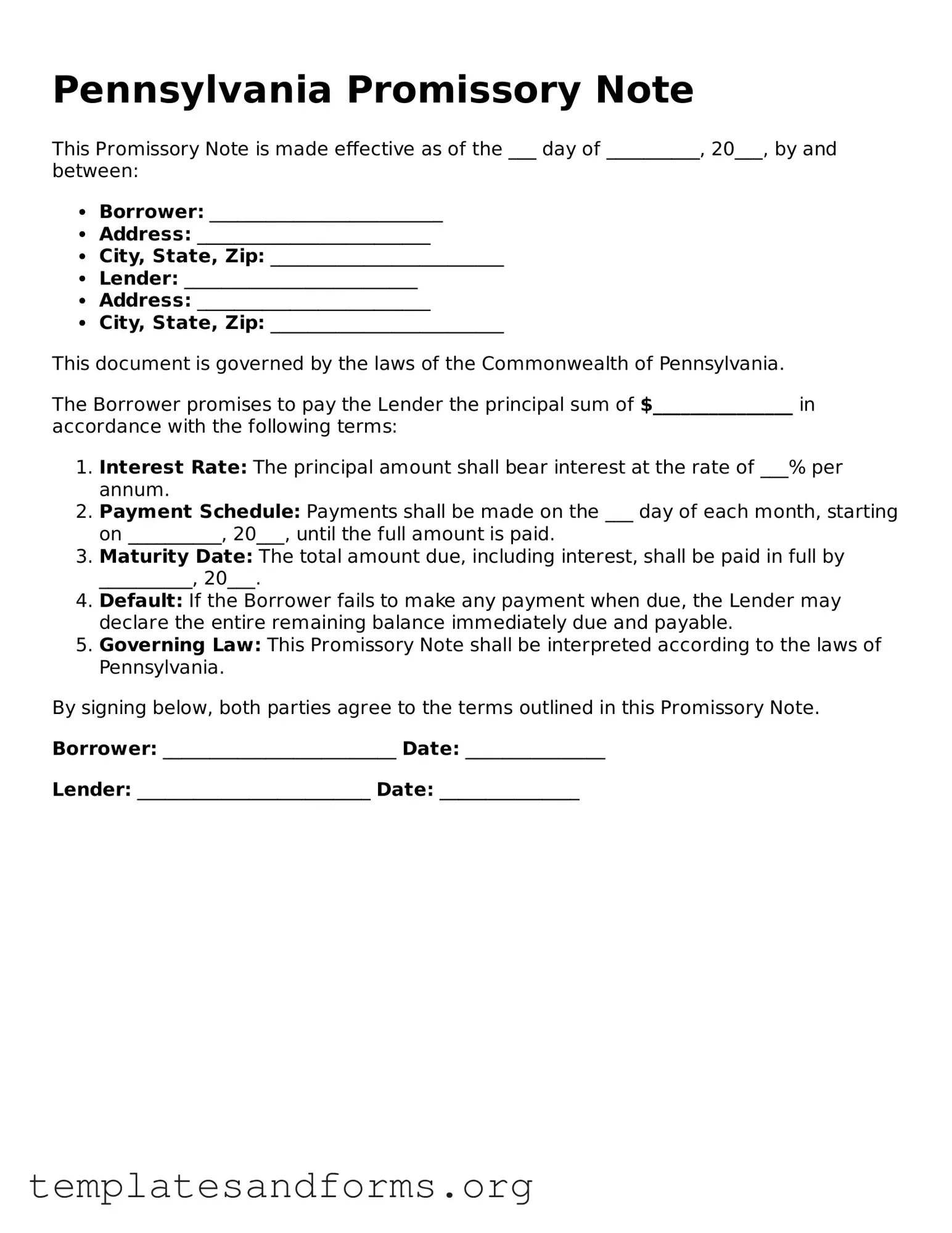 Free Promissory Note Form for the State of Pennsylvania