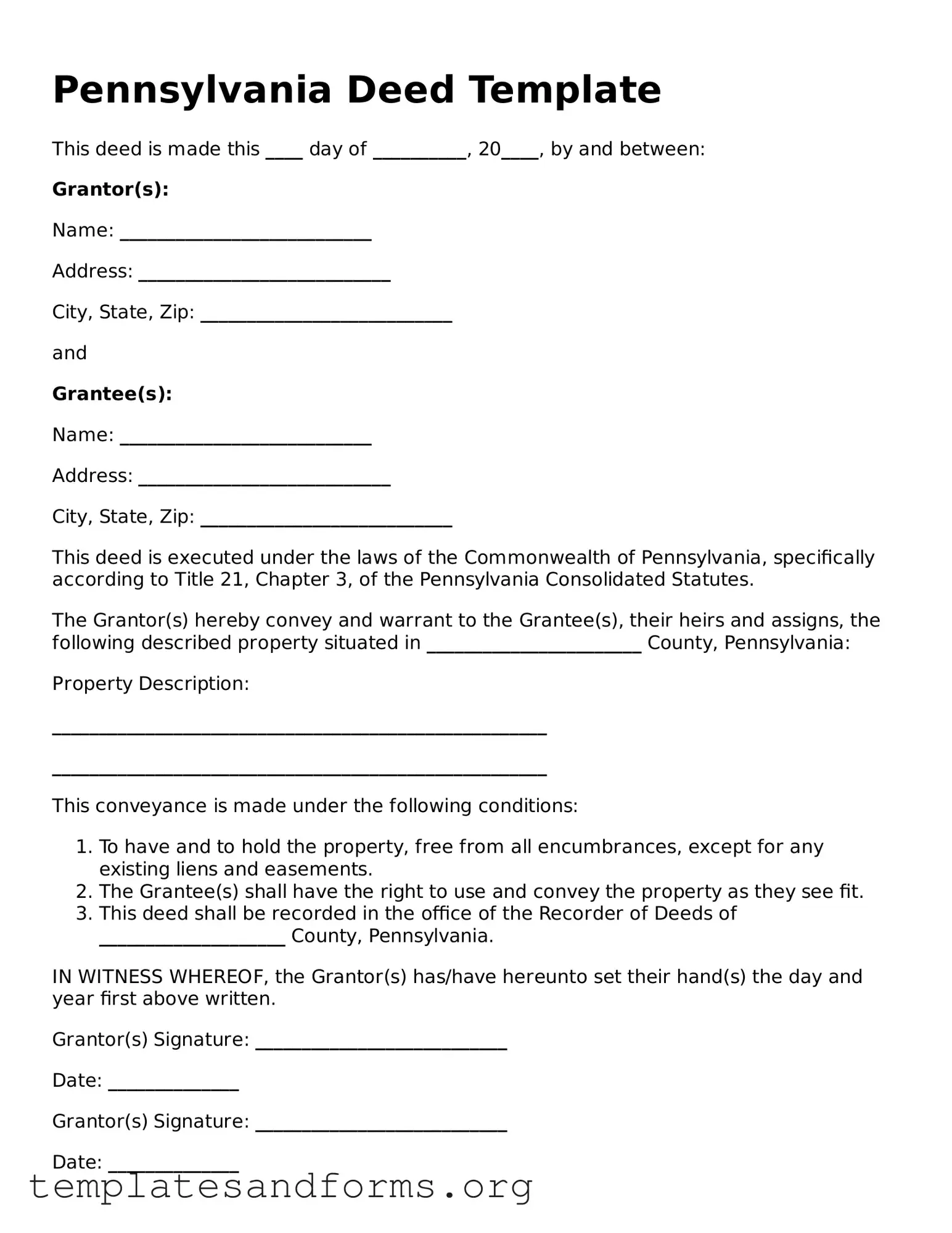 Free Deed Form for the State of Pennsylvania
