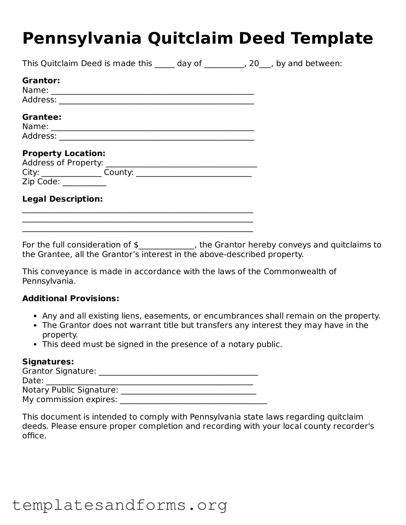 Free Quitclaim Deed Form for the State of Pennsylvania