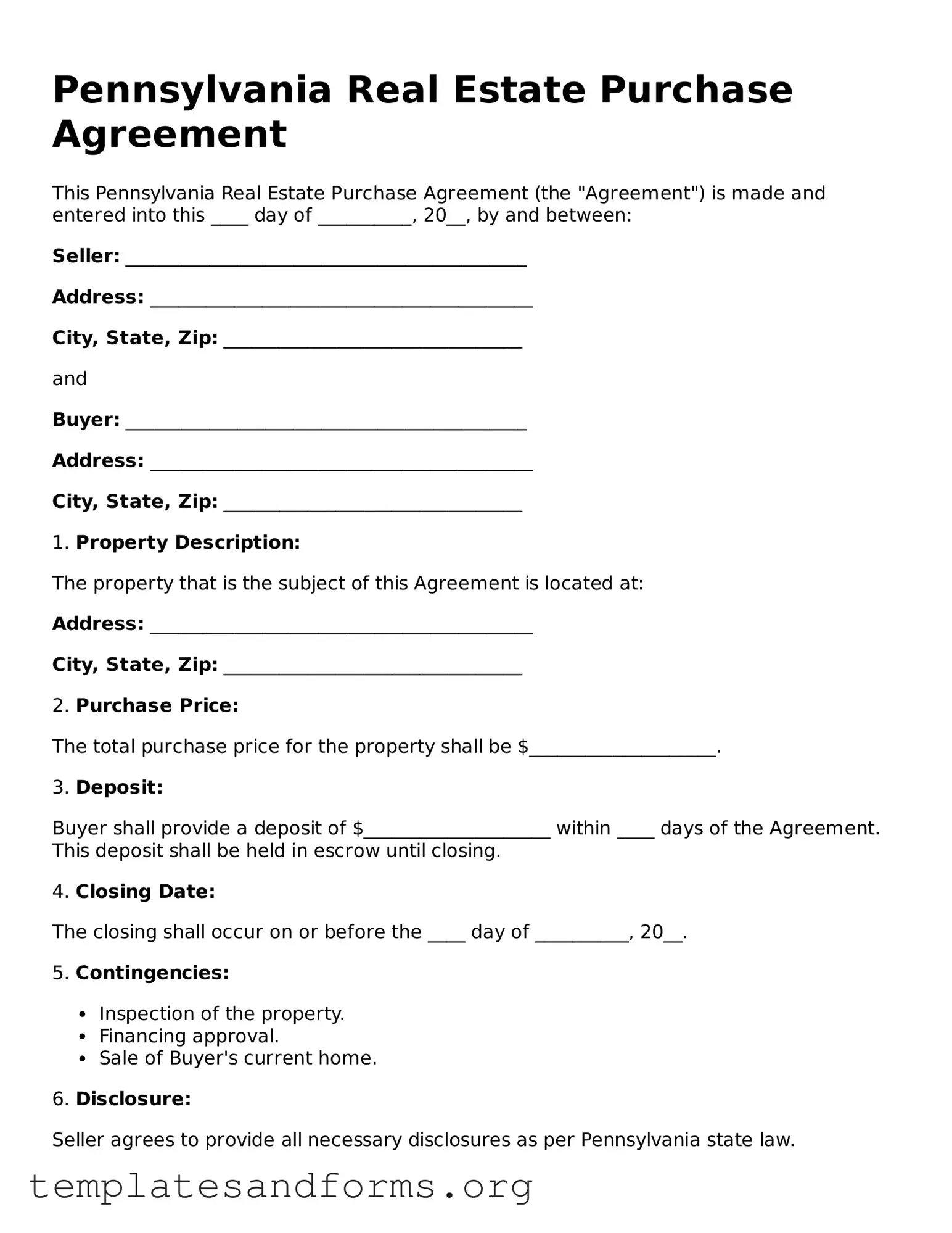 Free Real Estate Purchase Agreement Form for the State of Pennsylvania