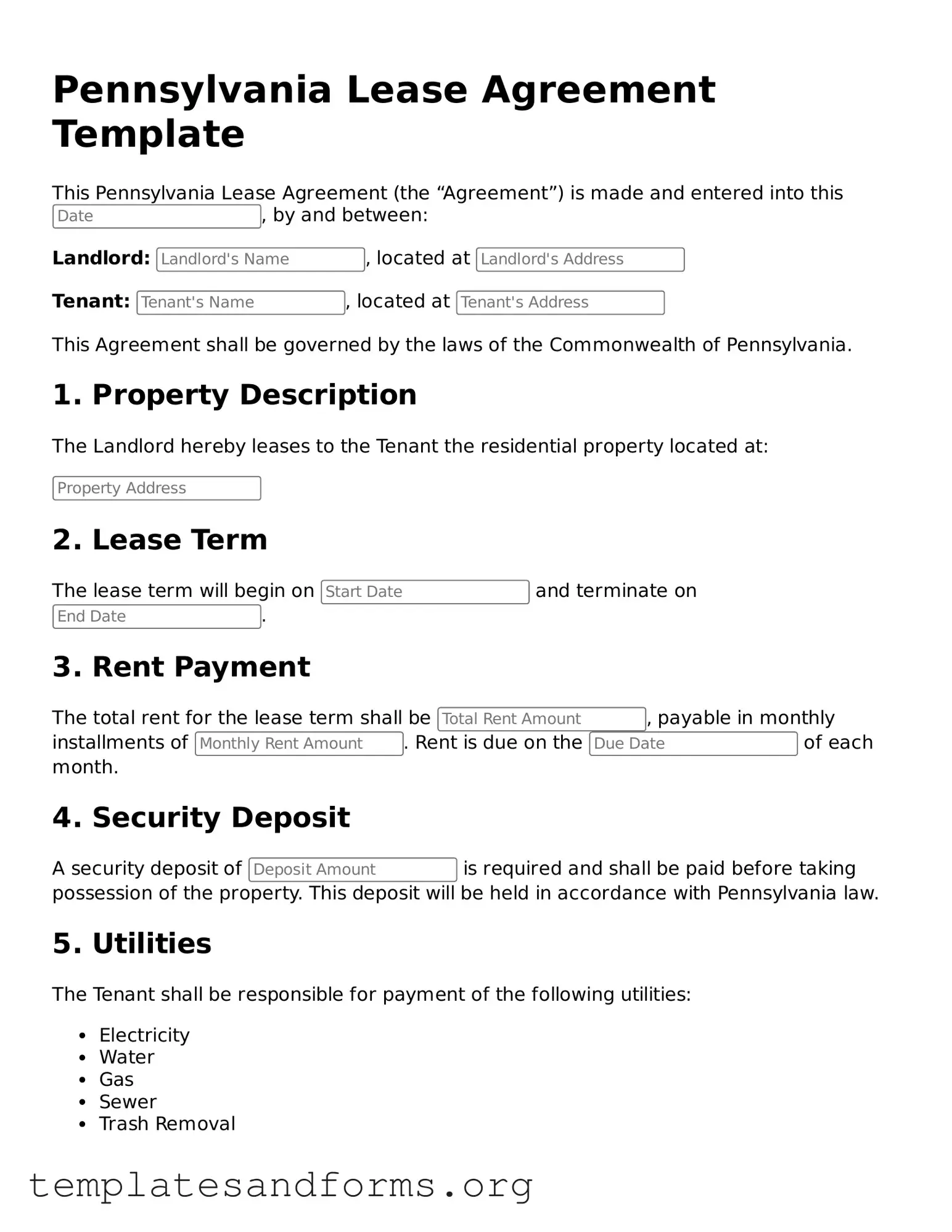 Free Lease Agreement Form for the State of Pennsylvania
