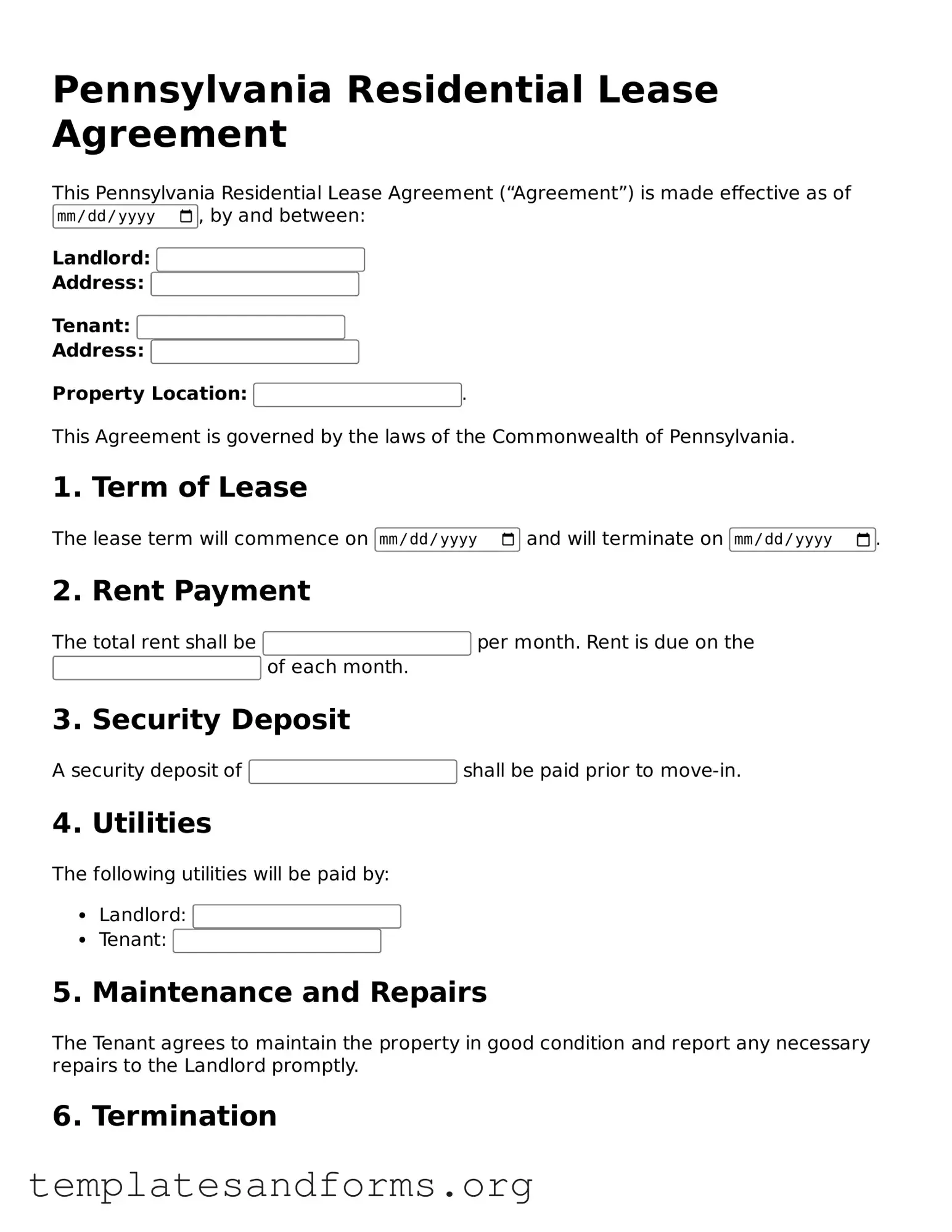 Free Residential Lease Agreement Form for the State of Pennsylvania