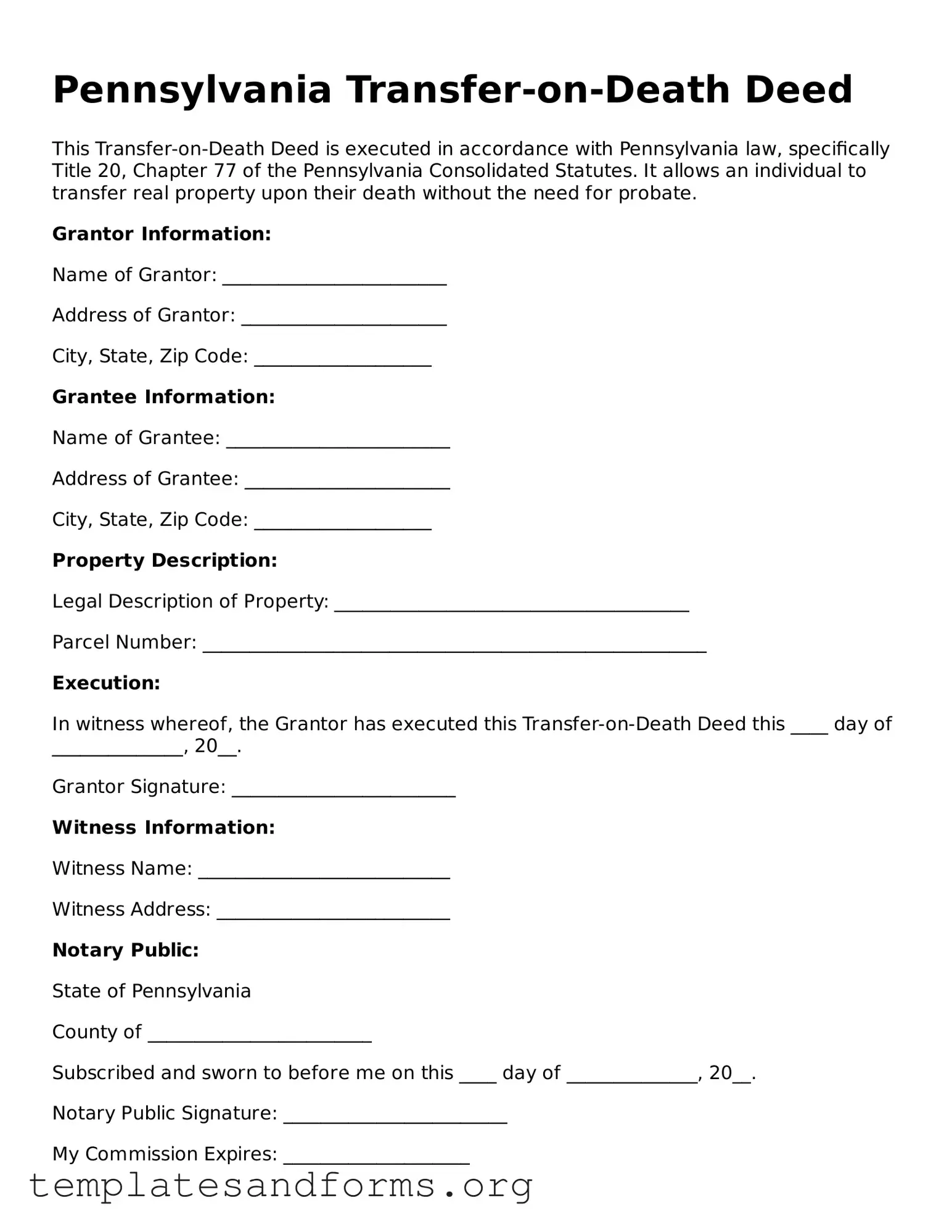 Free Transfer-on-Death Deed Form for the State of Pennsylvania