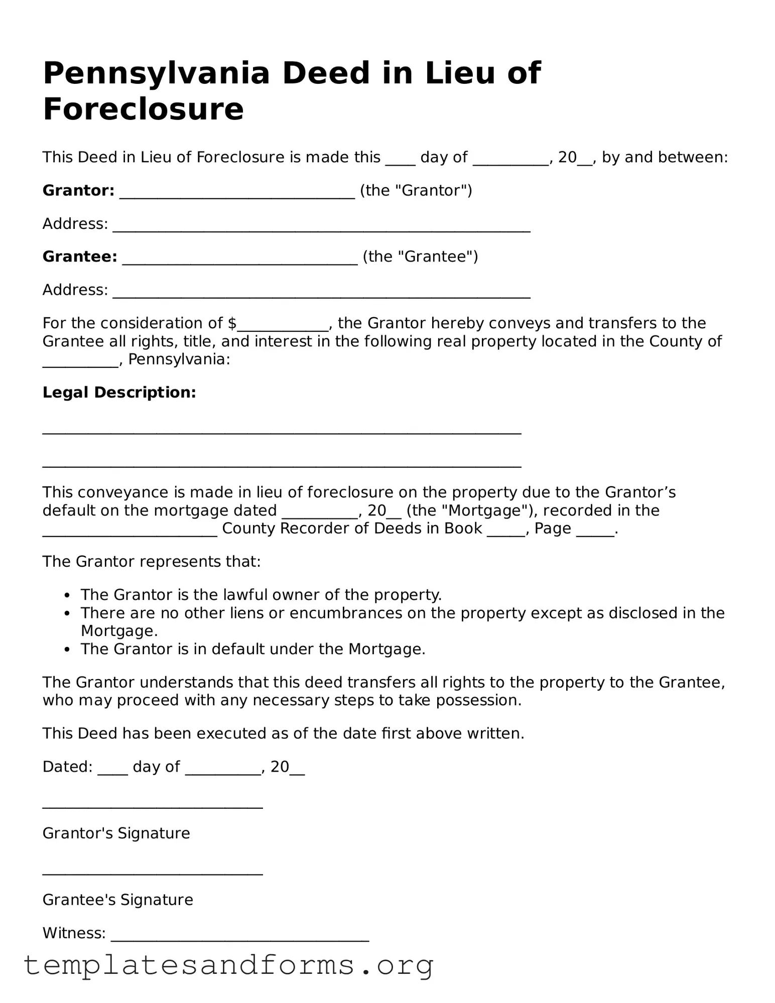 Free Deed in Lieu of Foreclosure Form for the State of Pennsylvania