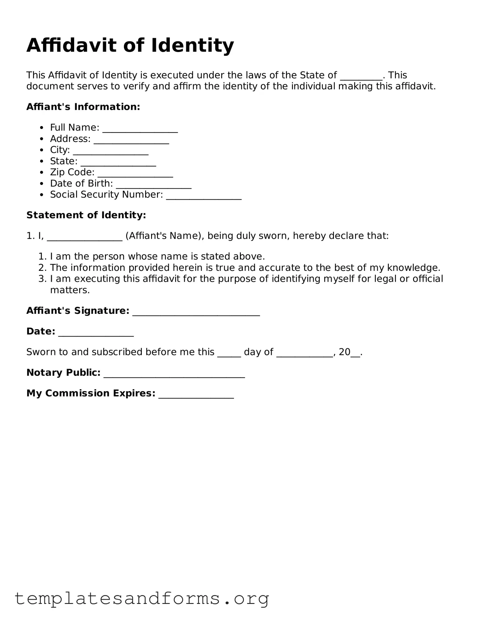 Blank Affidavit of Identity Document