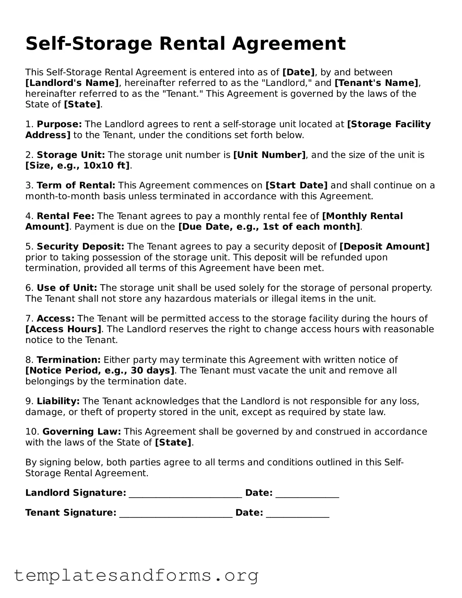 Blank Self-Storage Rental Agreement Document