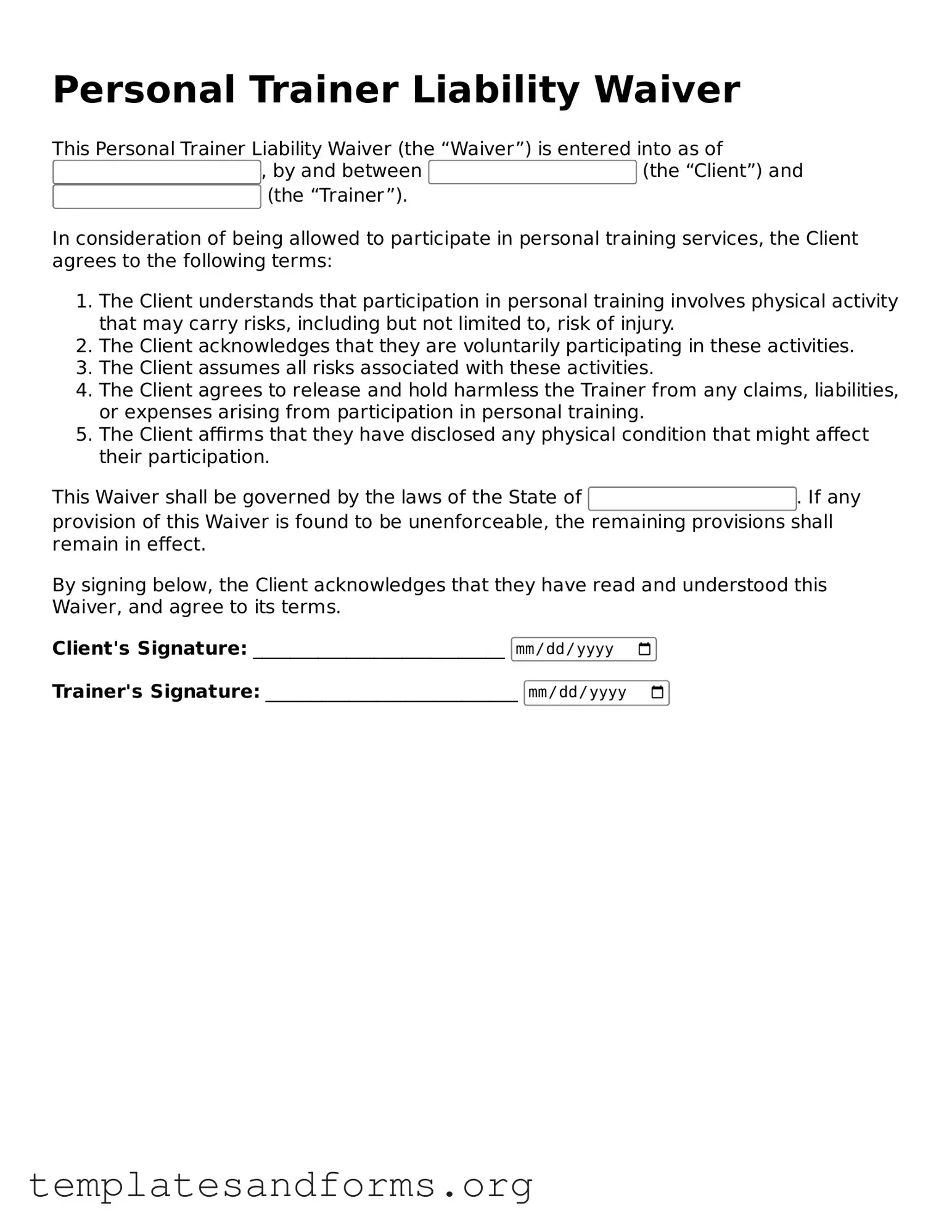 Blank Personal Trainer Liability Waiver Document