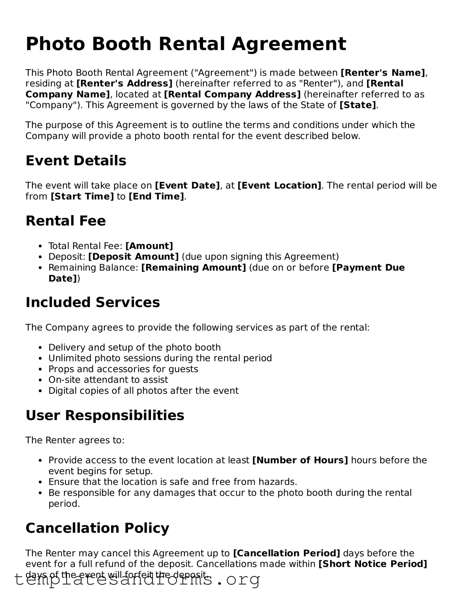 Blank Photo Booth Rental Agreement Document