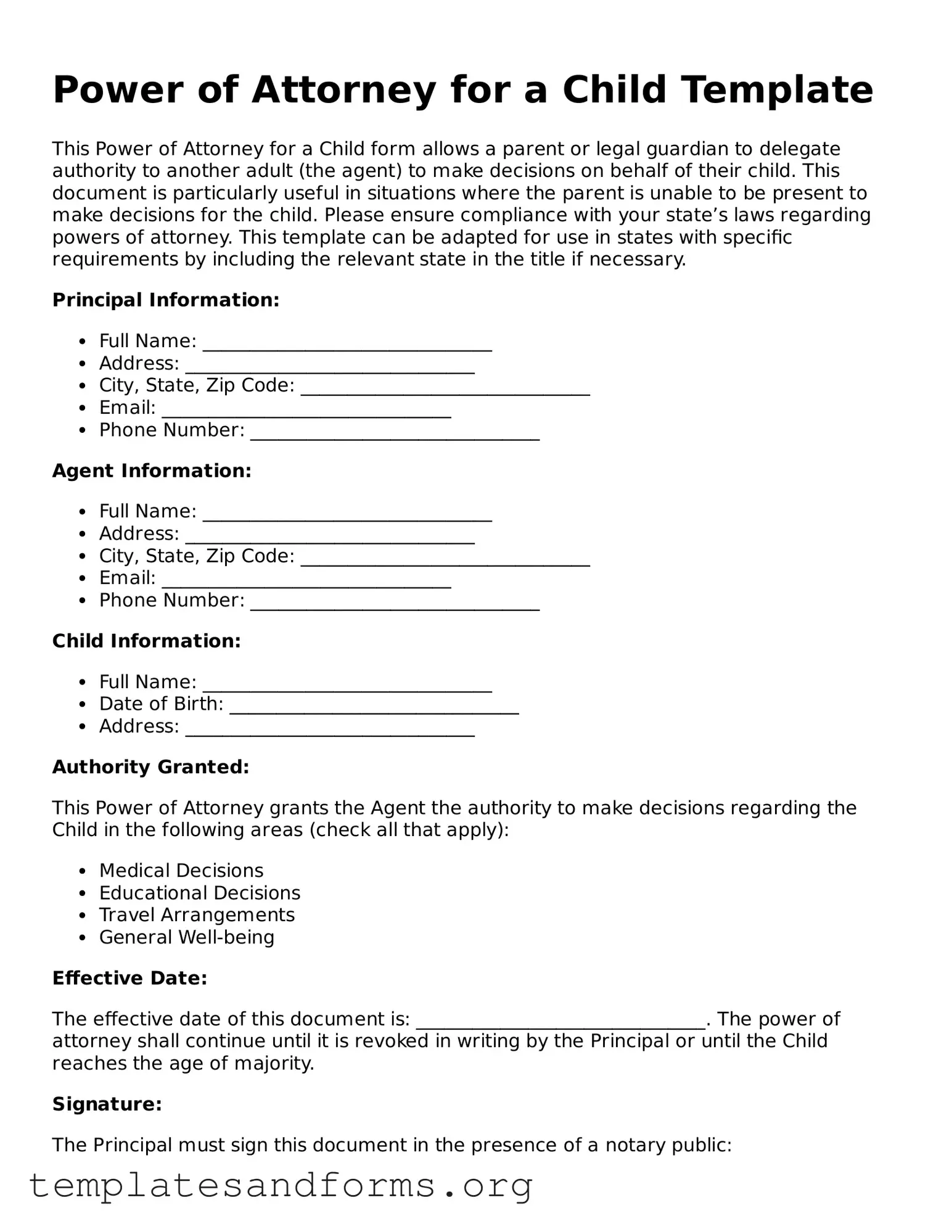 Blank Power of Attorney for a Child Document
