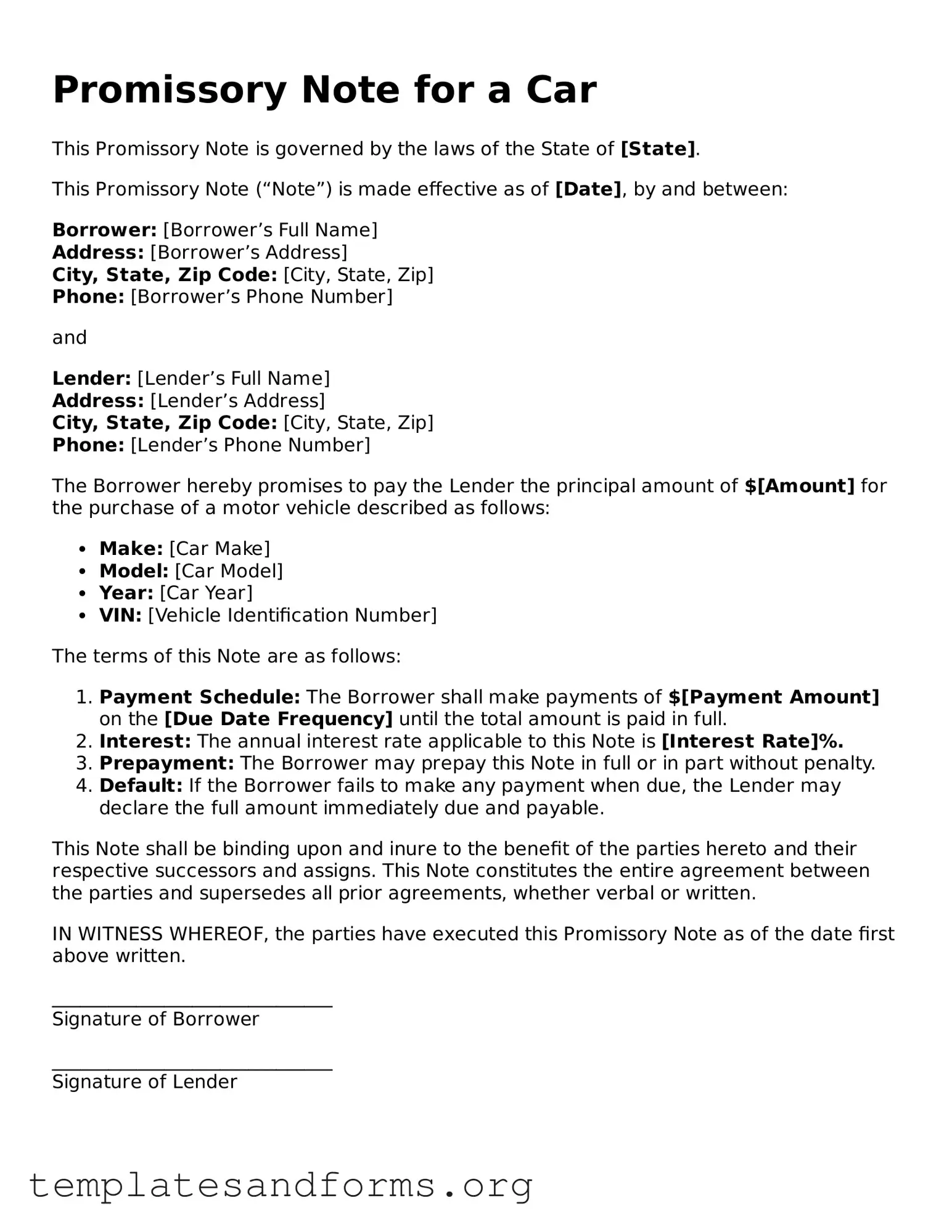Blank Promissory Note for a Car Document