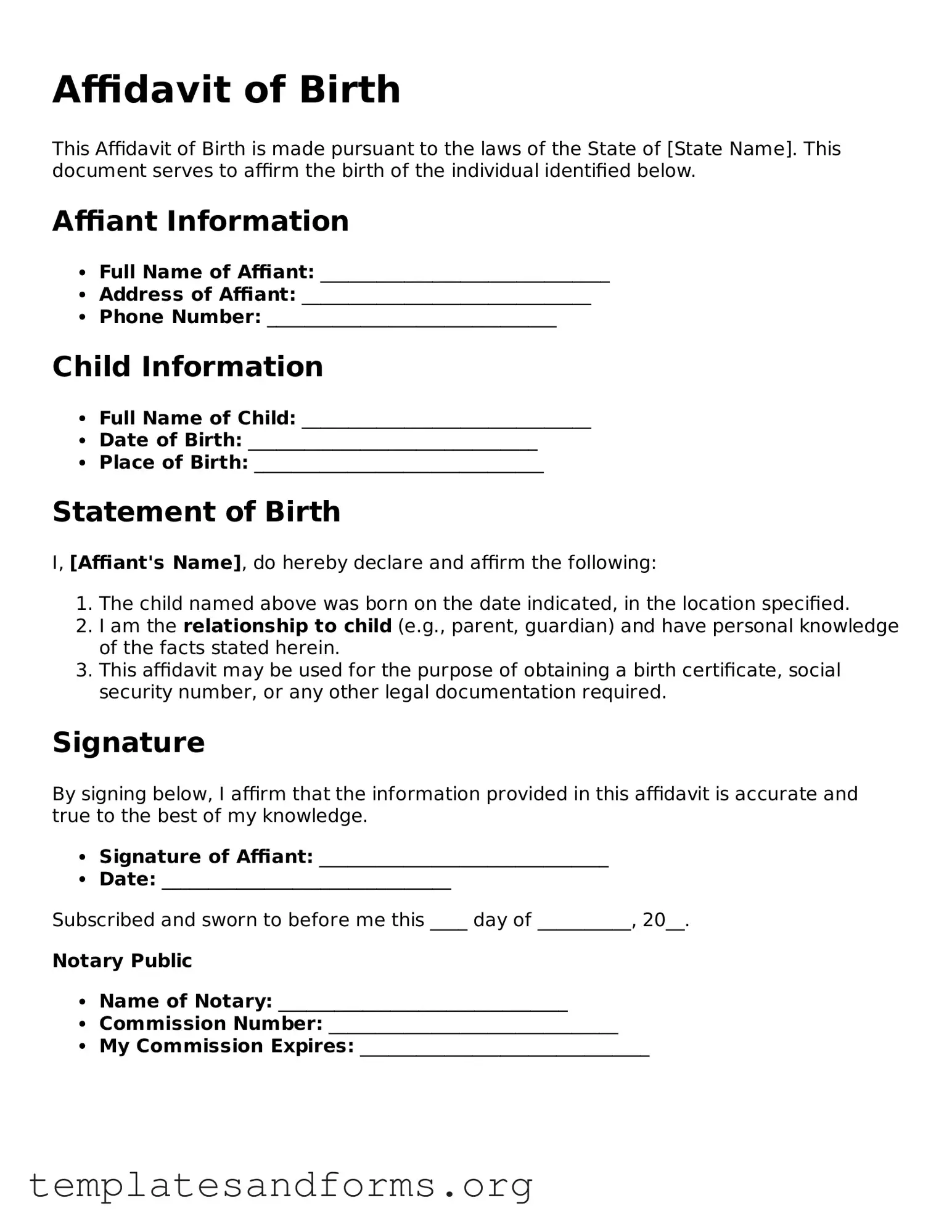 Blank Affidavit of Birth Document
