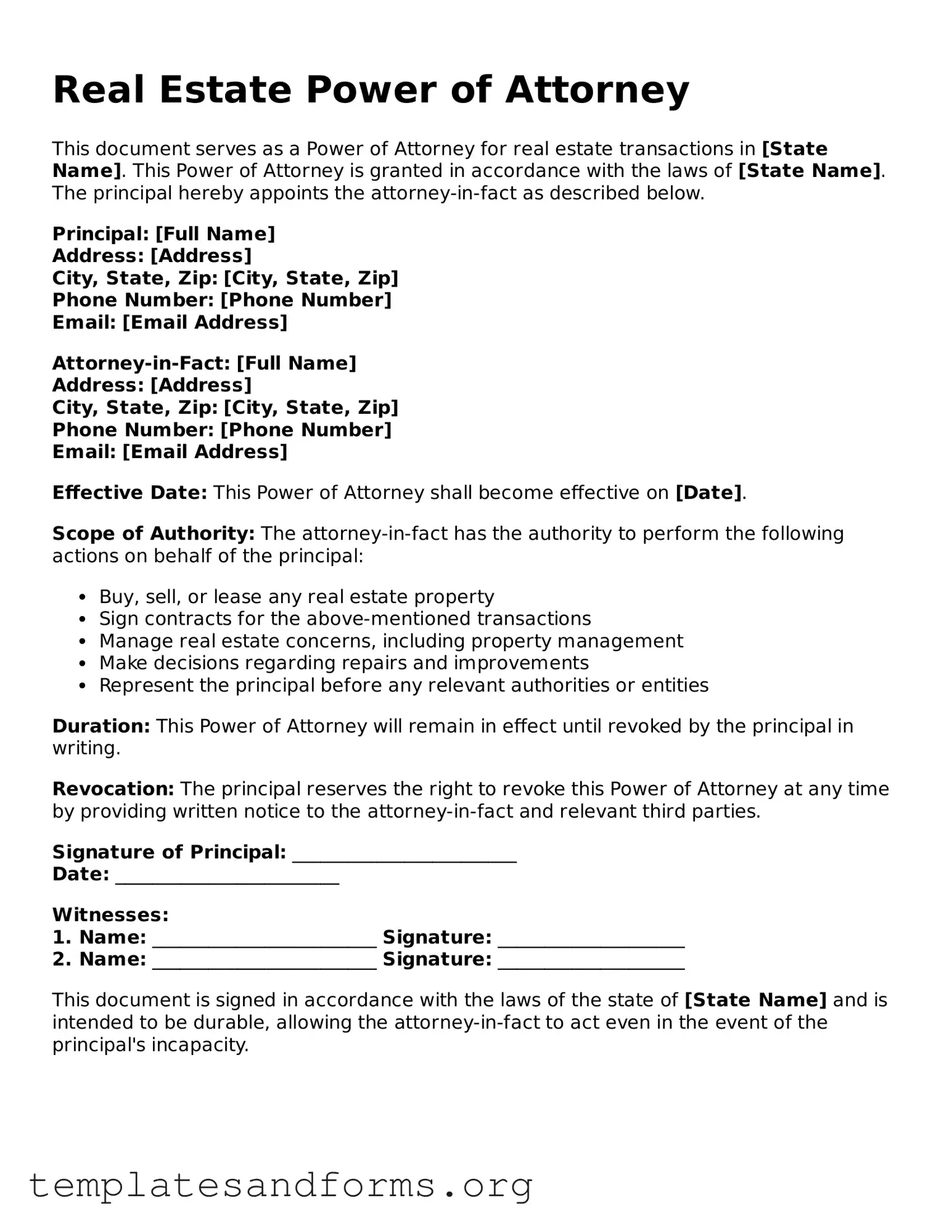 Blank Real Estate Power of Attorney Document