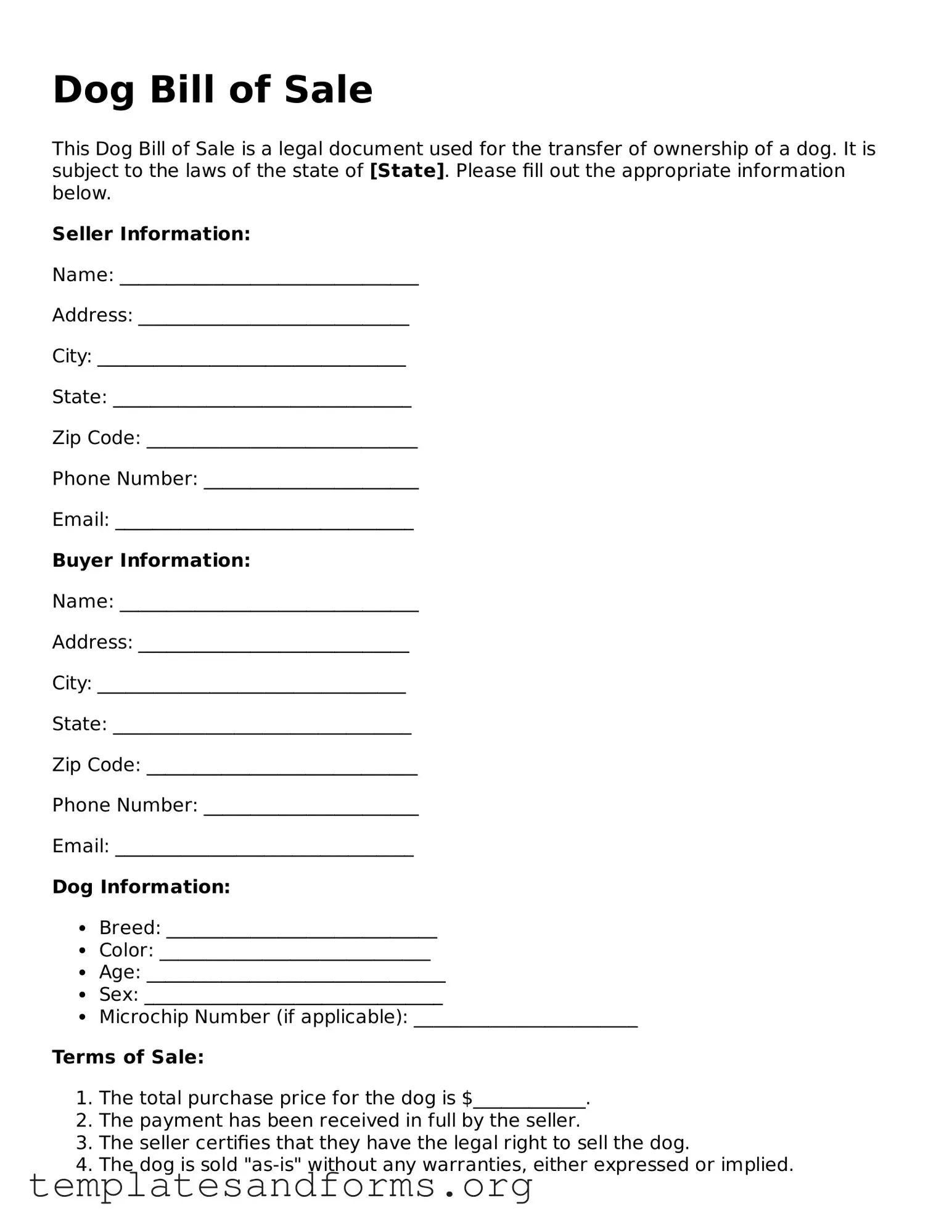 Blank Dog Bill of Sale Document