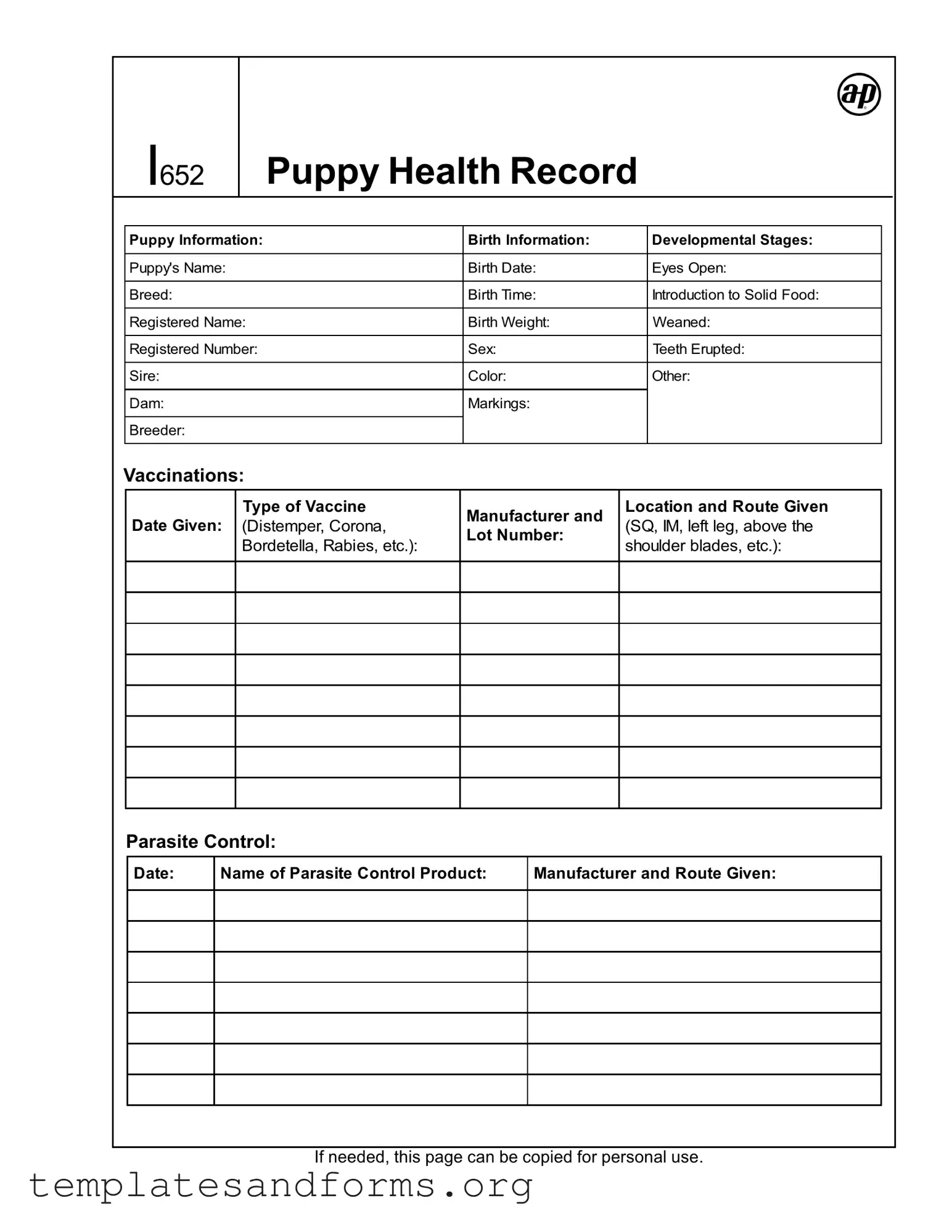 Fill in a Valid Puppy Health Record Form