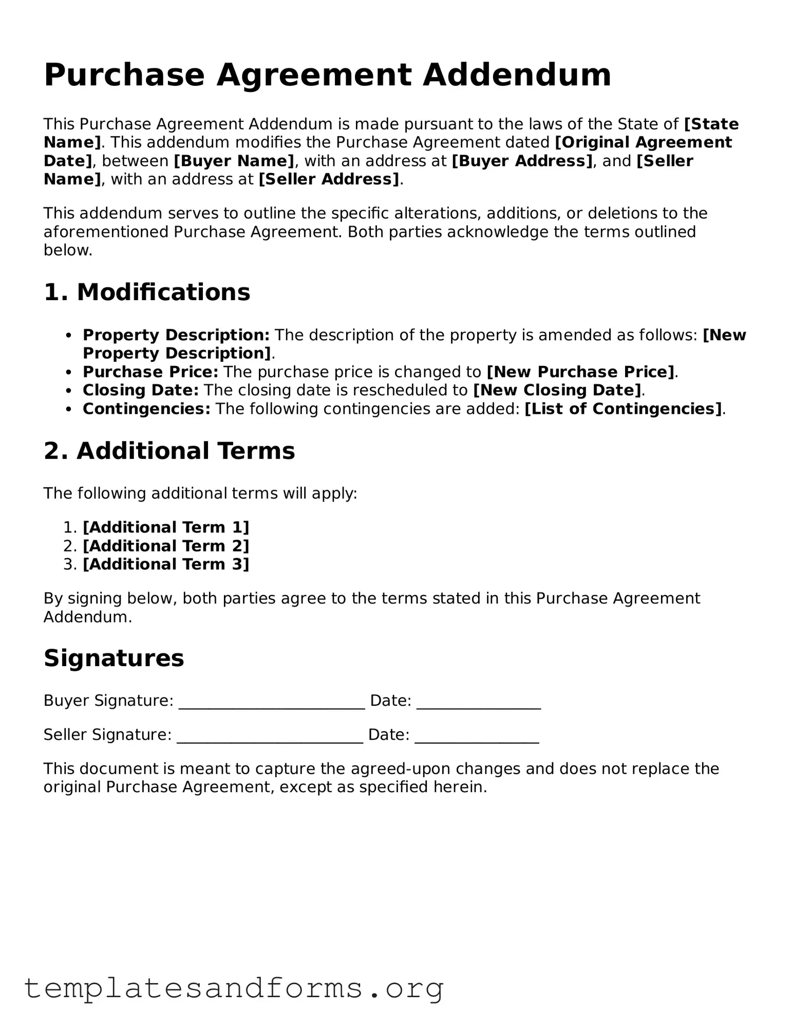 Blank Purchase Agreement Addendum Document