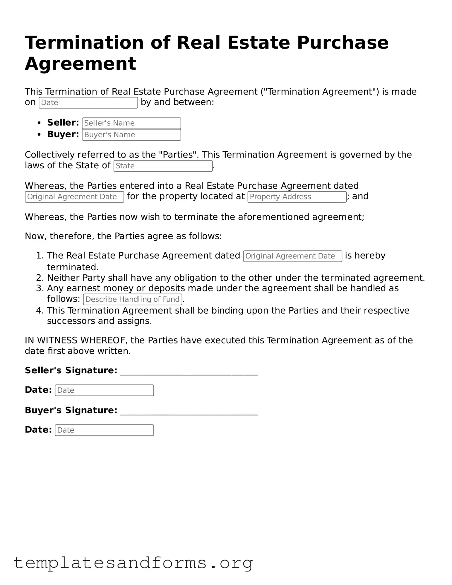 Blank Termination of Real Estate Purchase Agreement Document
