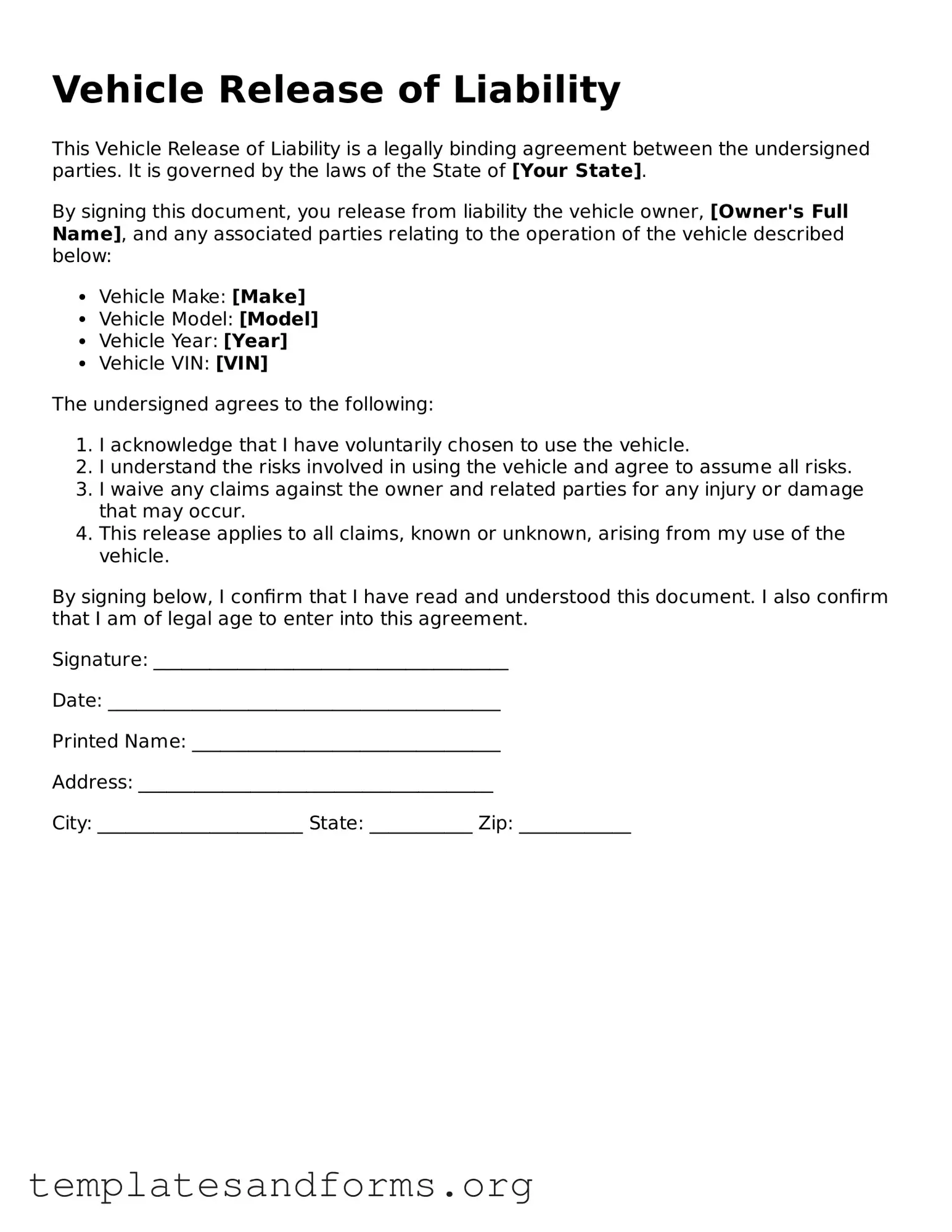 Blank Vehicle Release of Liability Document