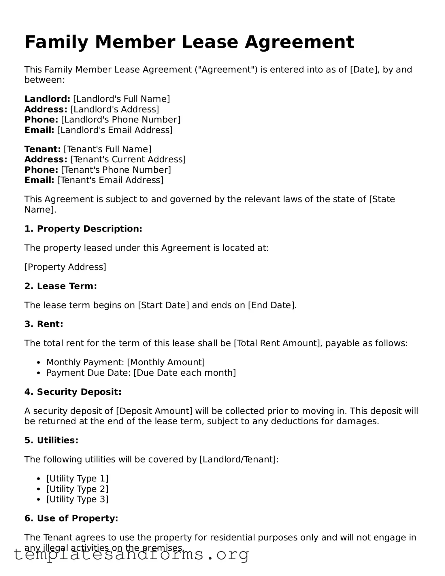 Blank Family Member Lease Agreement Document