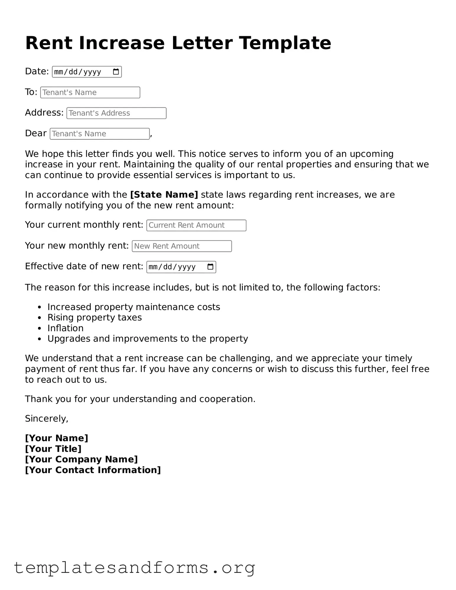 Blank Rent Increase Letter Document